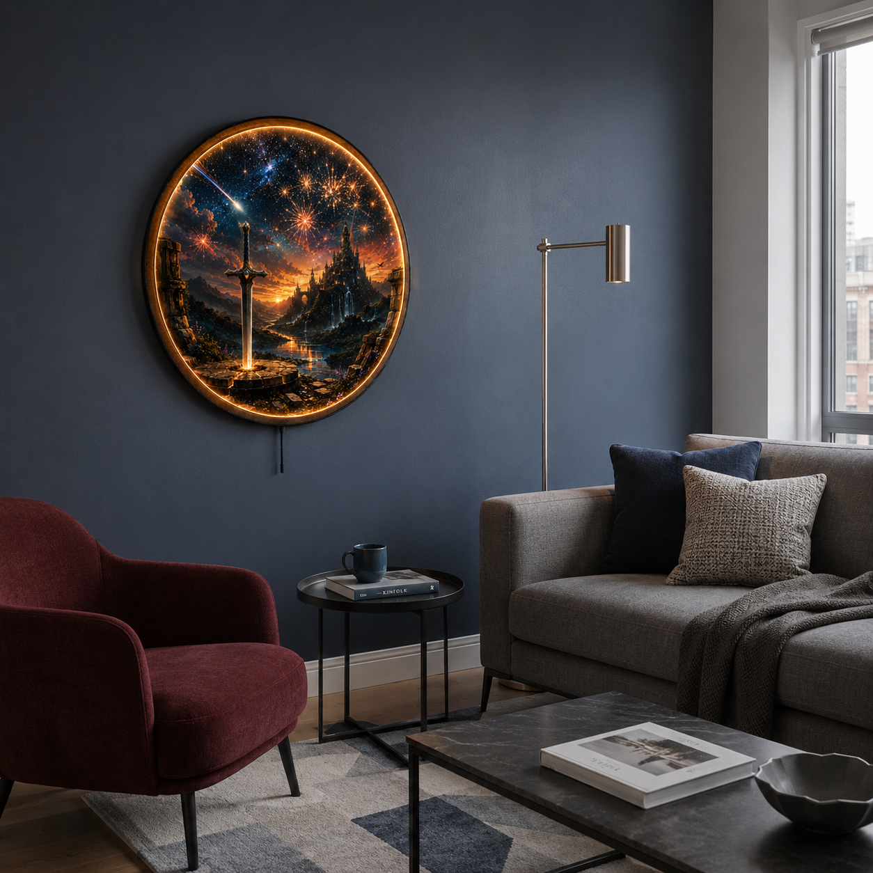 Starlit Oathblade LED Wall Art – Fantasy Castle & Sword Decor