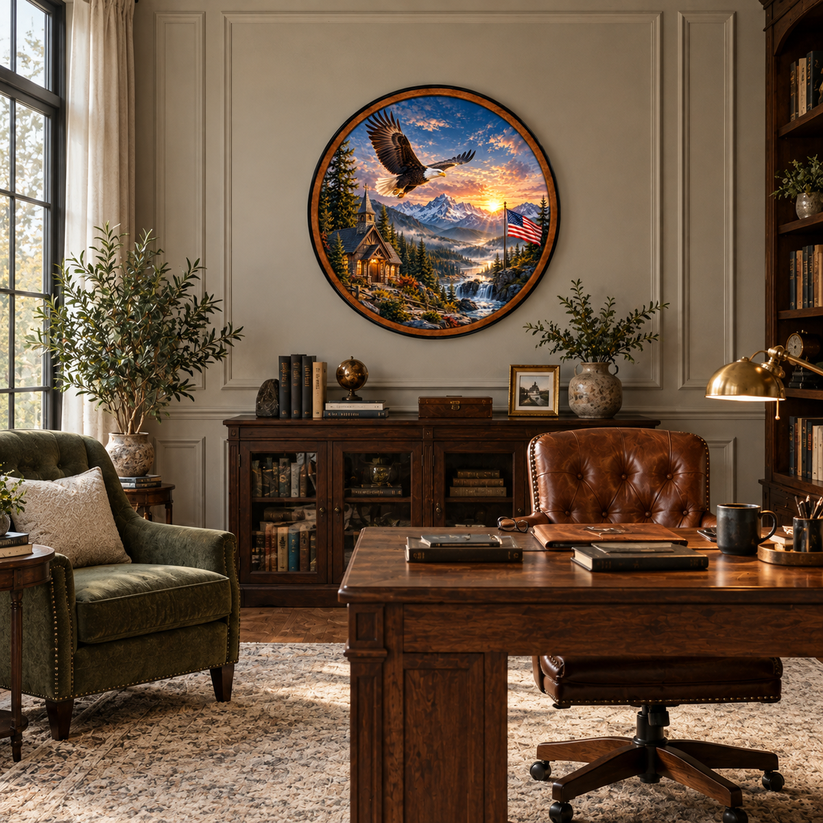 Wings of Freedom – Handcrafted LED Wall Art | Bald Eagle, American Flag & Mountain Sunset
