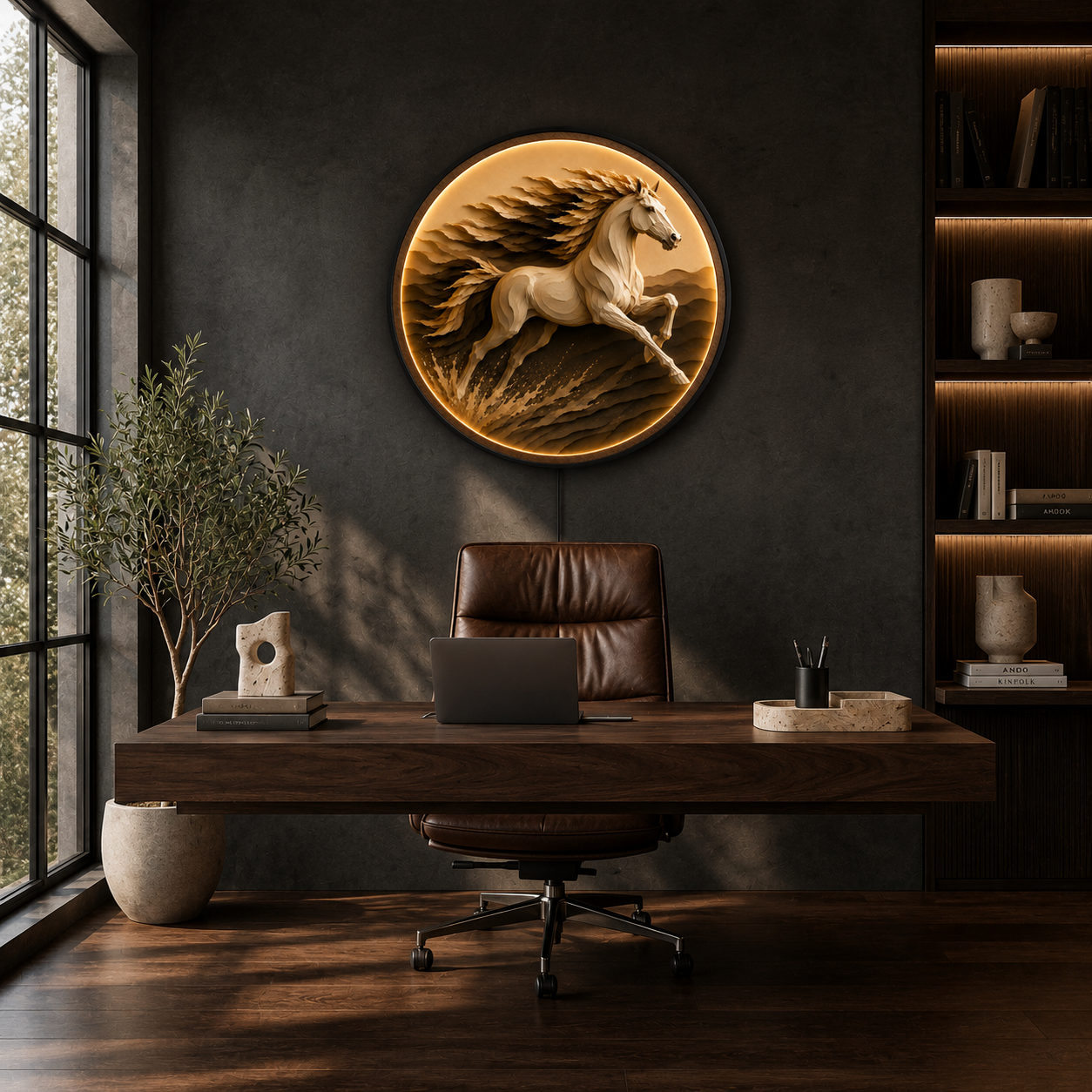 Majestic Running Horse LED Wall Art – Round Illuminated Wall Decor