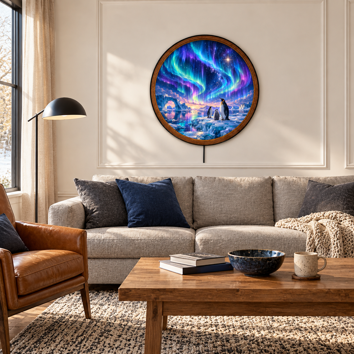 Aurora Penguin Family – Handcrafted Round LED Wall Art