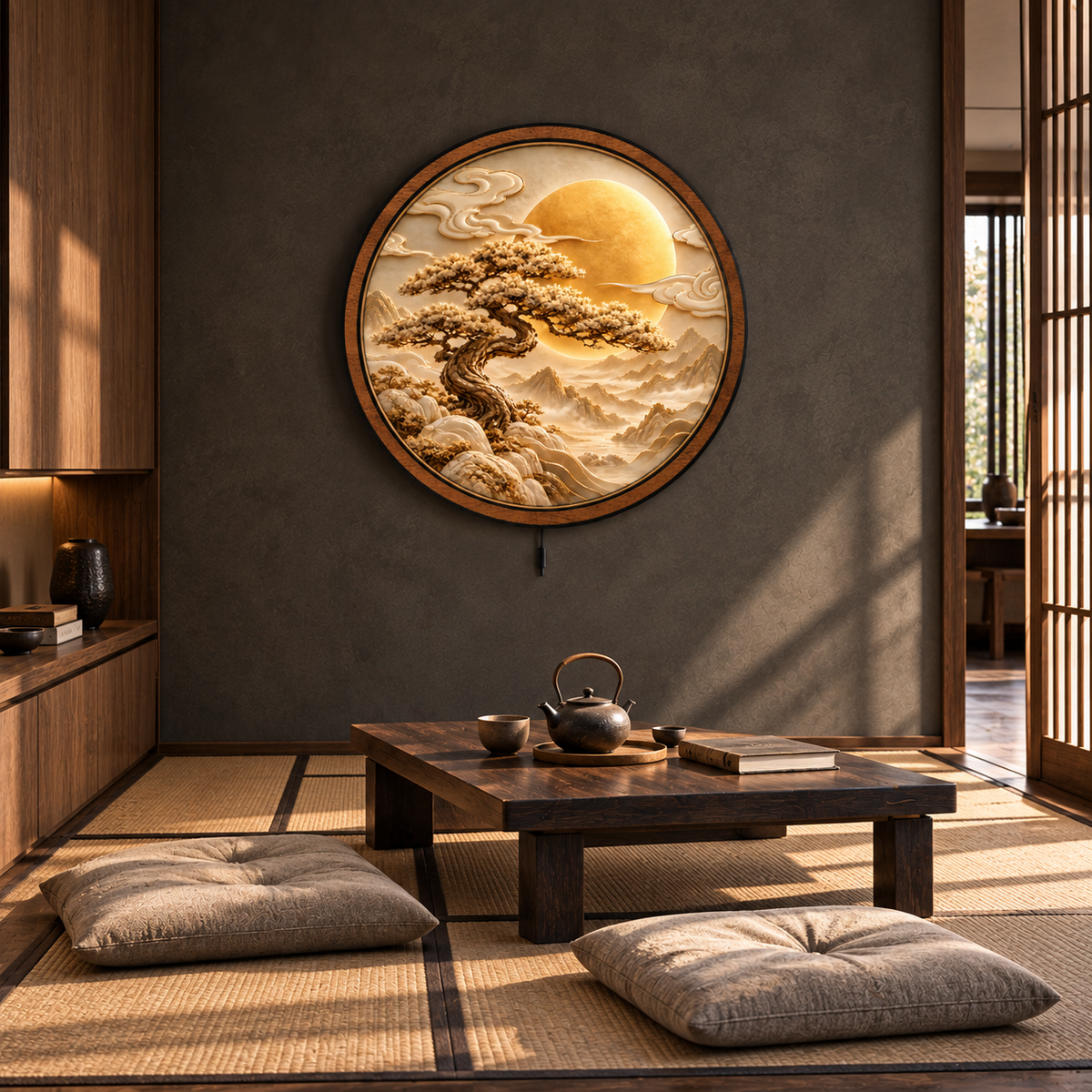 Golden Serenity Pine LED Wall Art – Moonlit Mountain Landscape
