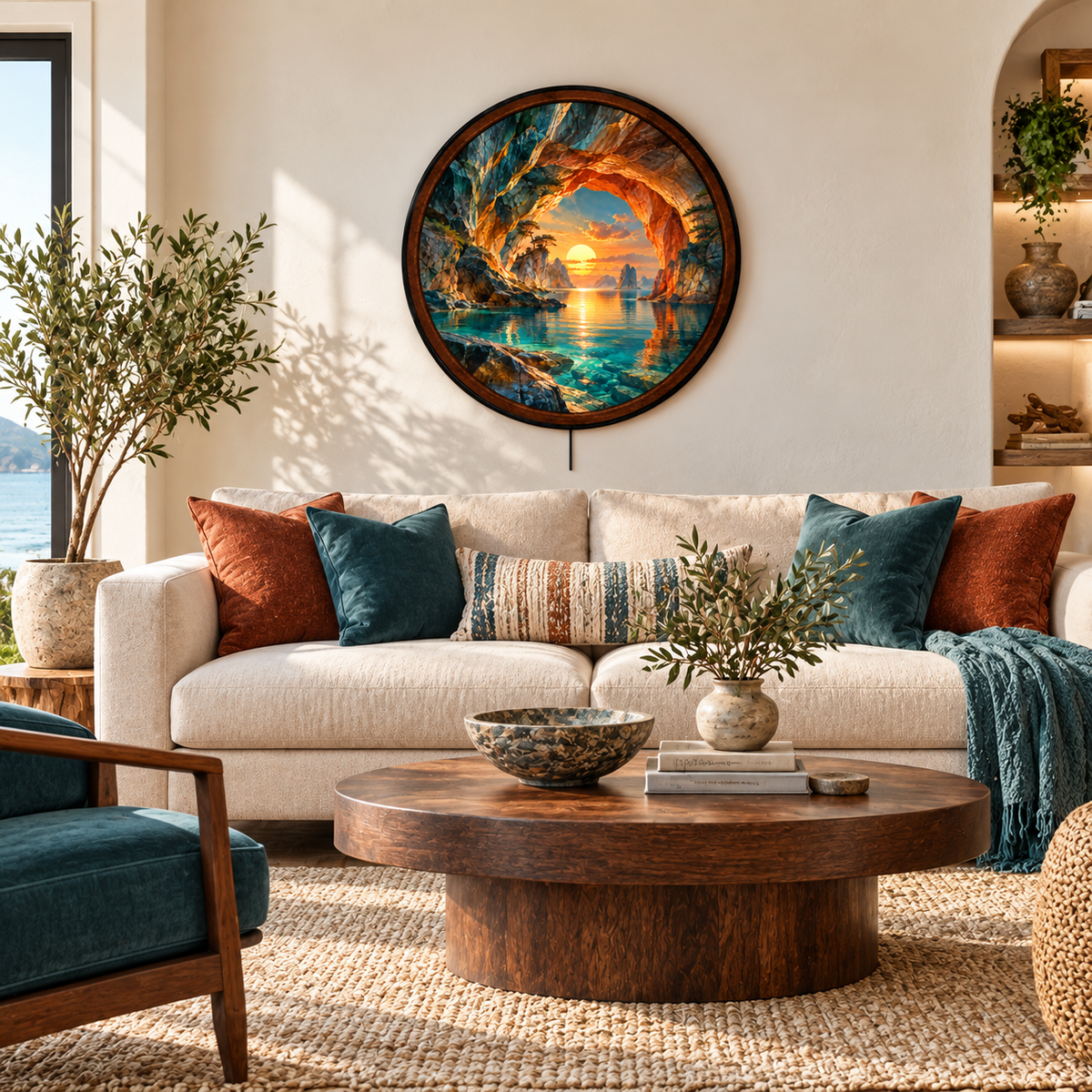 Ocean Cave Sunset Landscape, Coastal Nature – Handcrafted LED Wall Art