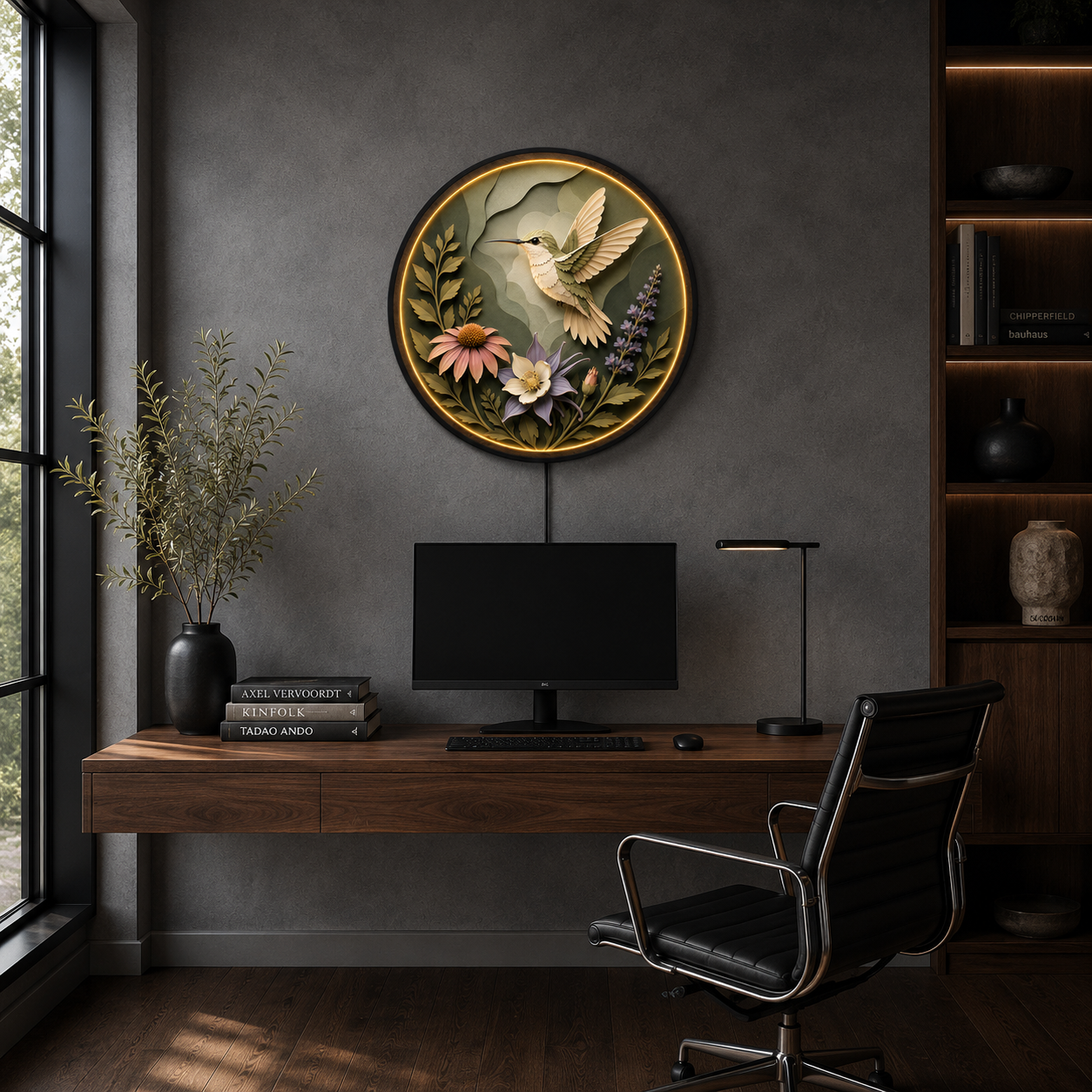 Hummingbird Bloom LED Wall Art – Round Nature Lighted Wall Decor
