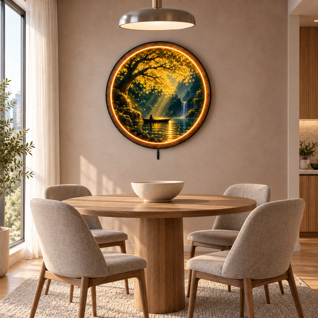 Golden Serenity LED Wall Art – Waterfall & Fisherman Decor