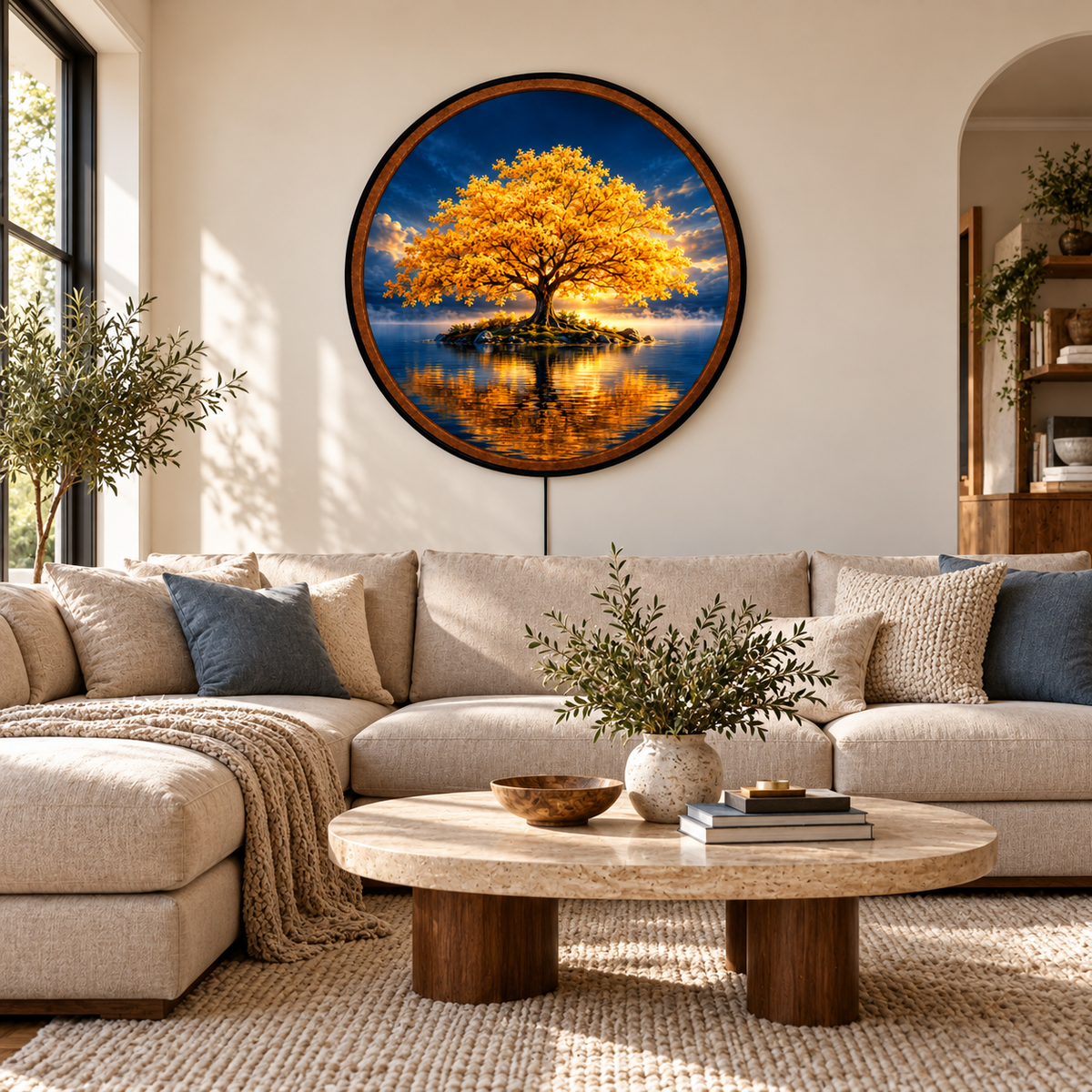 Golden Everlight Tree – Handcrafted LED Wall Art | Glowing Golden Tree & Peaceful Lake