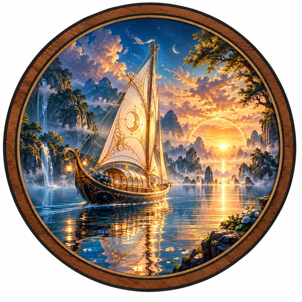 Celestial Passage – Fantasy Sailboat Sunset LED Wall Art