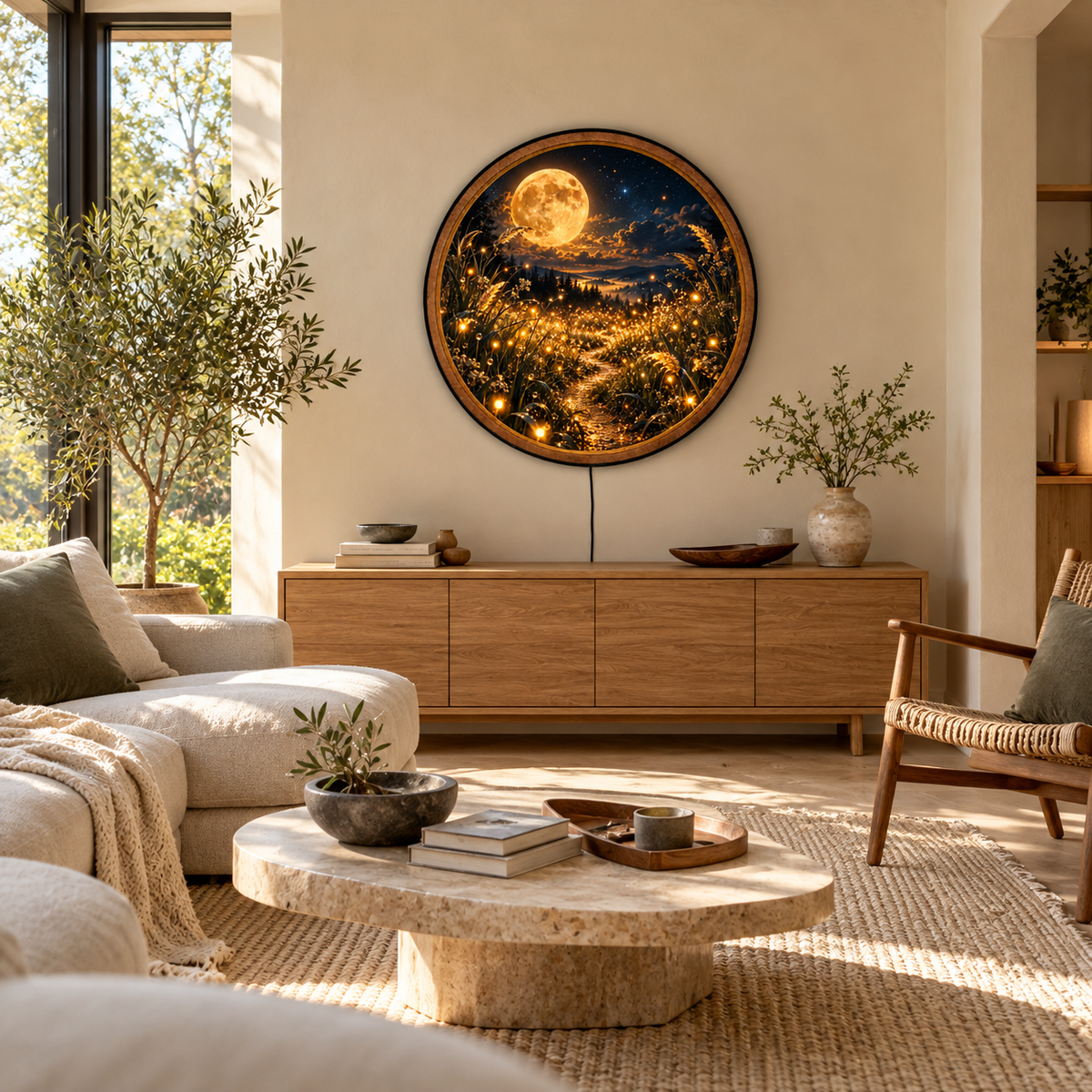 Handcrafted Golden Moonlight LED Wall Art – Enchanted Firefly Meadow & Full Moon