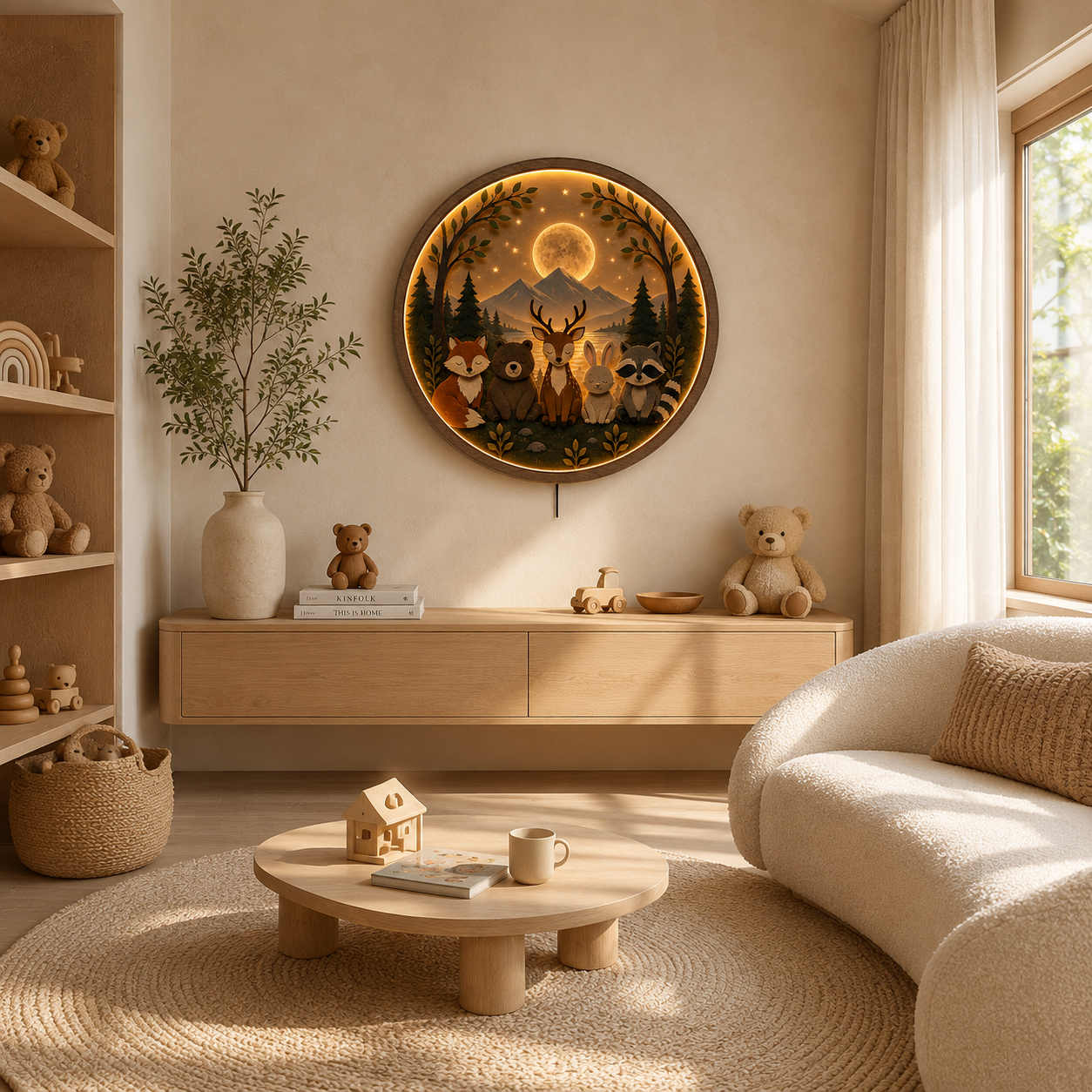 Woodland Friends LED Wall Art Light – Forest Animal Nursery Decor | Round Acrylic Wall Lamp
