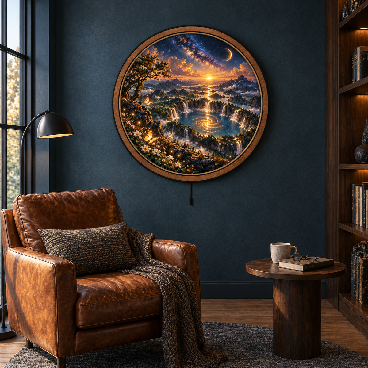 Celestial Falls – Golden Galaxy Mountain LED Wall Art