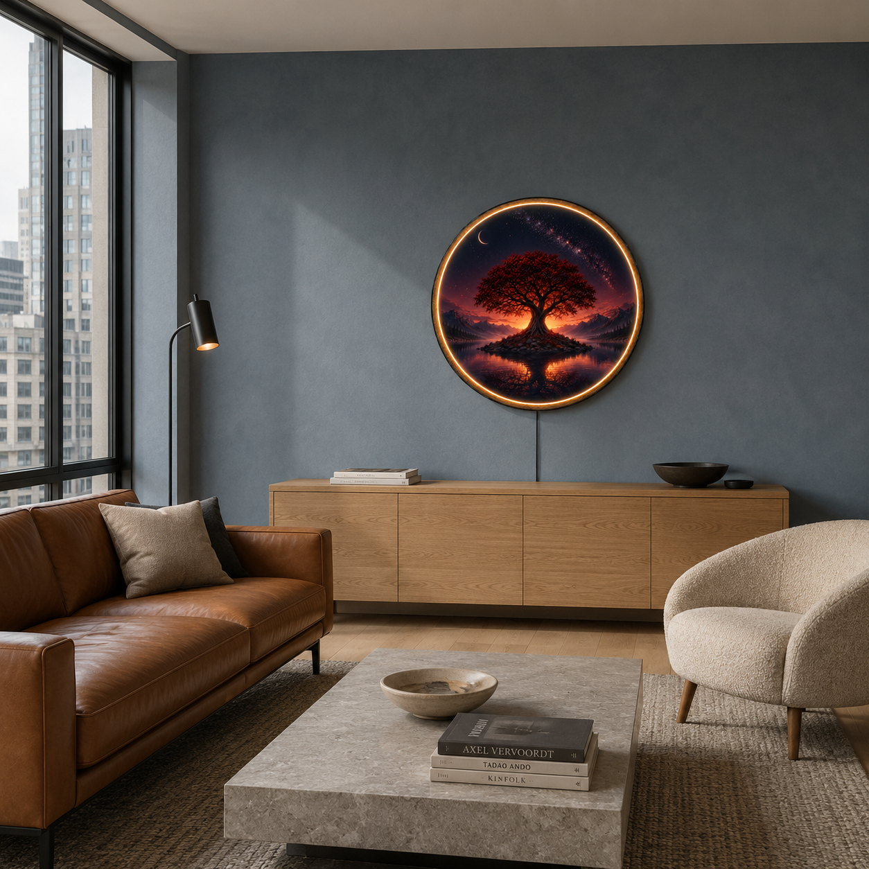 Crimson Celestial Tree LED Wall Art – Mystical Nightscape