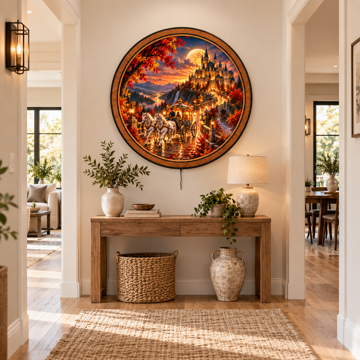Moonlit Carriage Castle Circular LED Wall Art