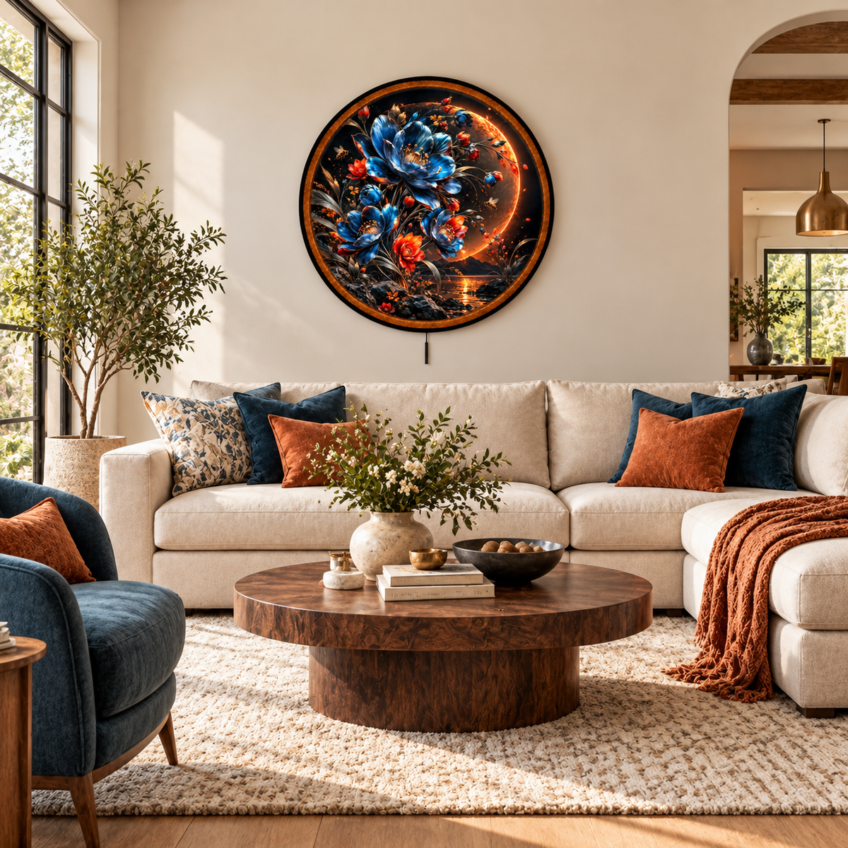 Midnight Ember Blooms – Handcrafted LED Wall Art | Blue & Red Floral Moon Art