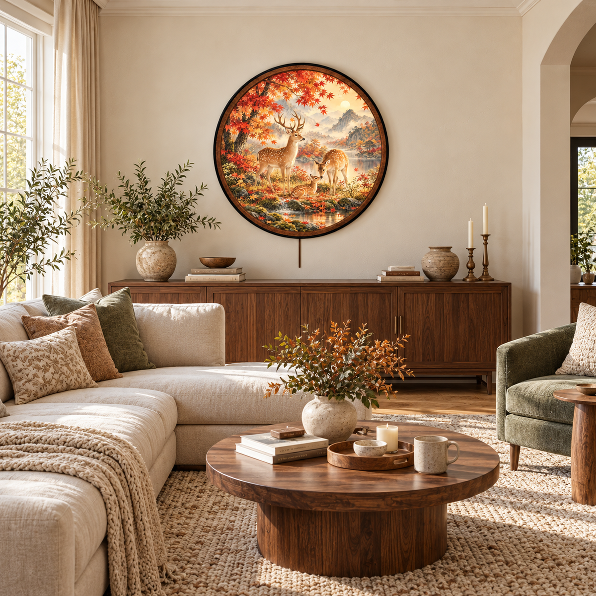 Deer Family & Japanese Maple Forest – Handcrafted LED Wall Art