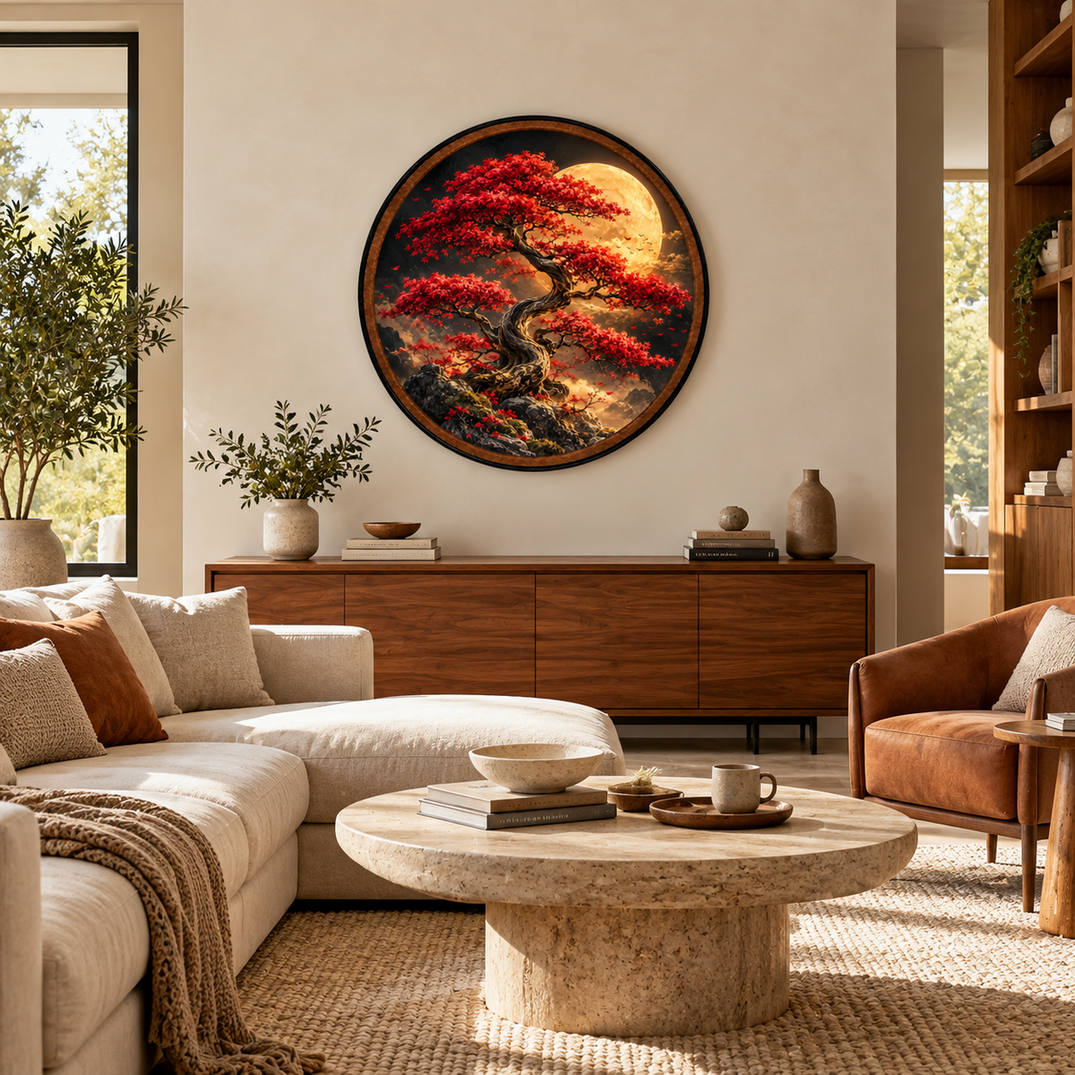 Red Japanese Maple Tree & Golden Moon – Handcrafted LED Wall Art