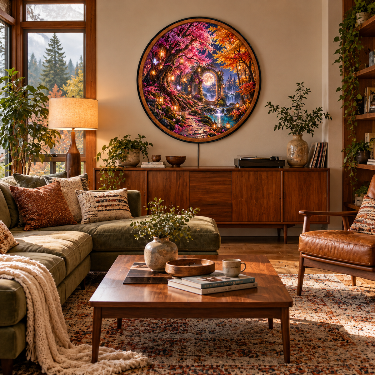Enchanted Moonlit Garden – Handcrafted Round LED Wall Art