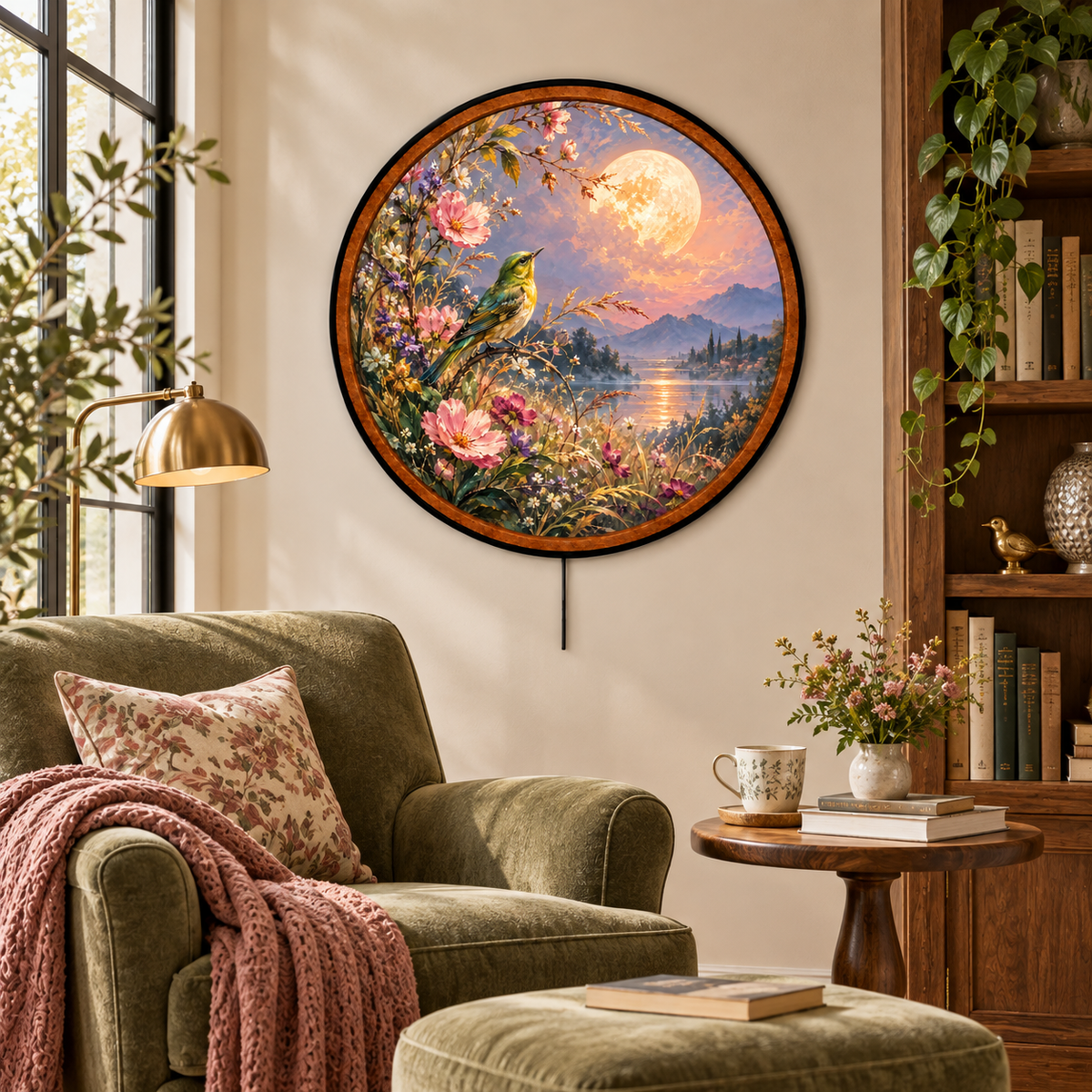 Moonlit Meadow Song – Handcrafted LED Wall Art | Colorful Songbird & Wildflowers