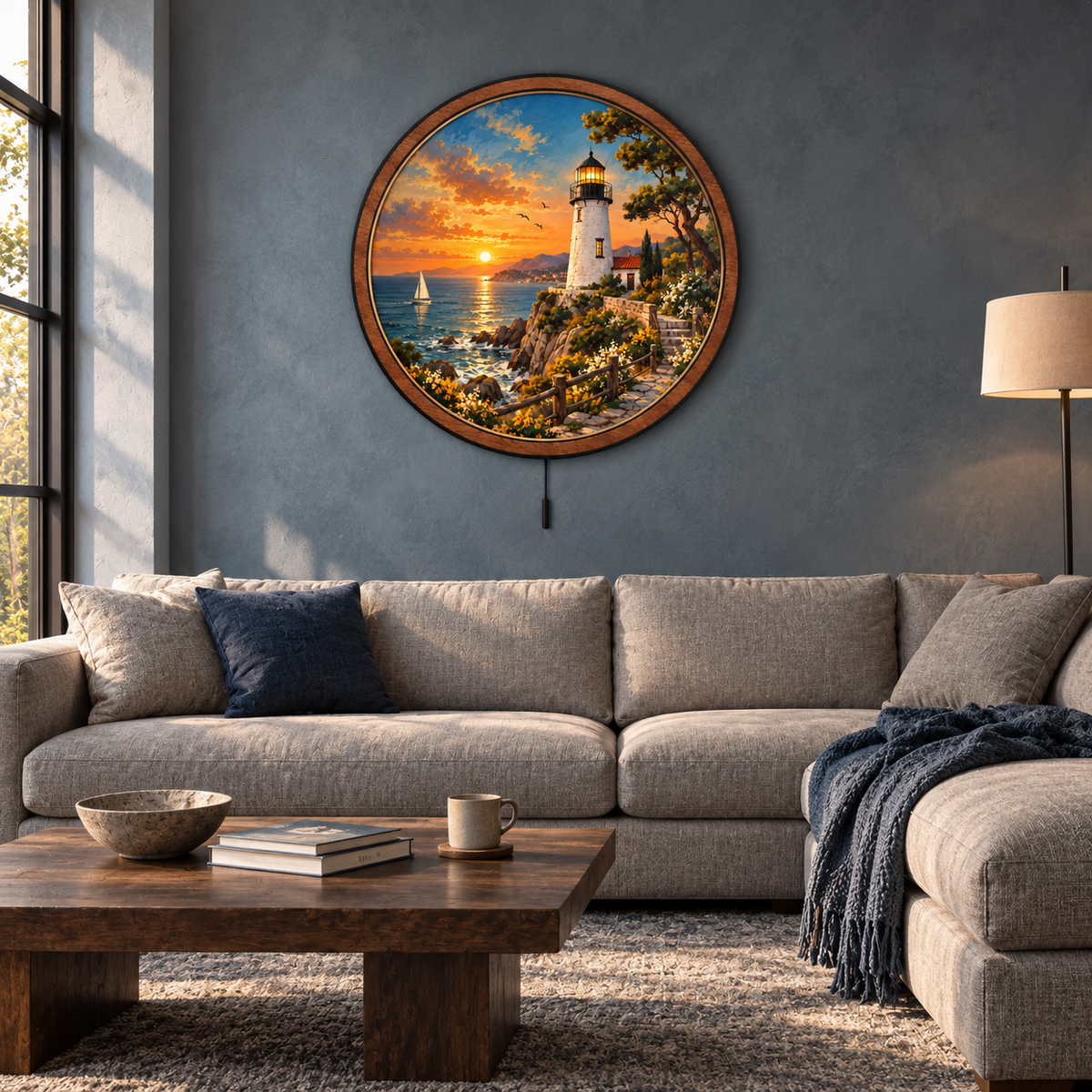 Coastal Beacon — Golden Sunset LED Wall Art | Lighthouse Ocean Wall Decor