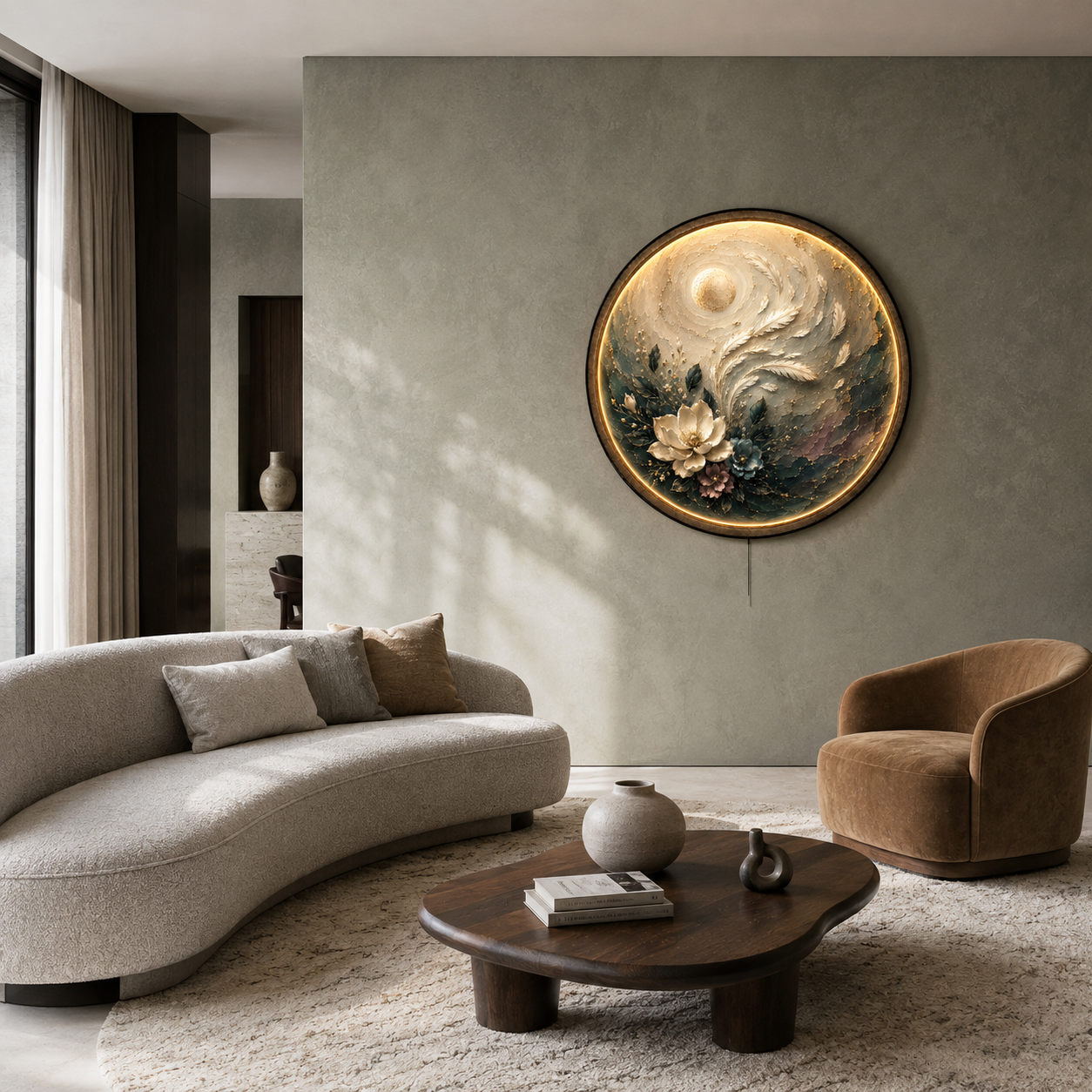 Lunar Bloom LED Wall Art – Floral Moon Botanical Decor