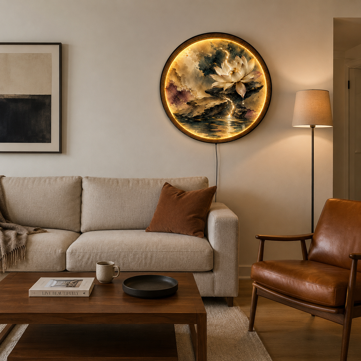 Golden Lotus LED Wall Art – Zen Serenity Botanical Decor