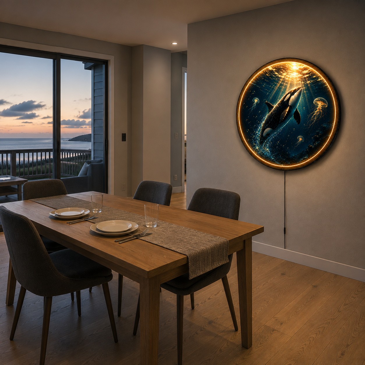 Golden Depths Orca LED Wall Art – Ocean Whale & Jellyfish Decor
