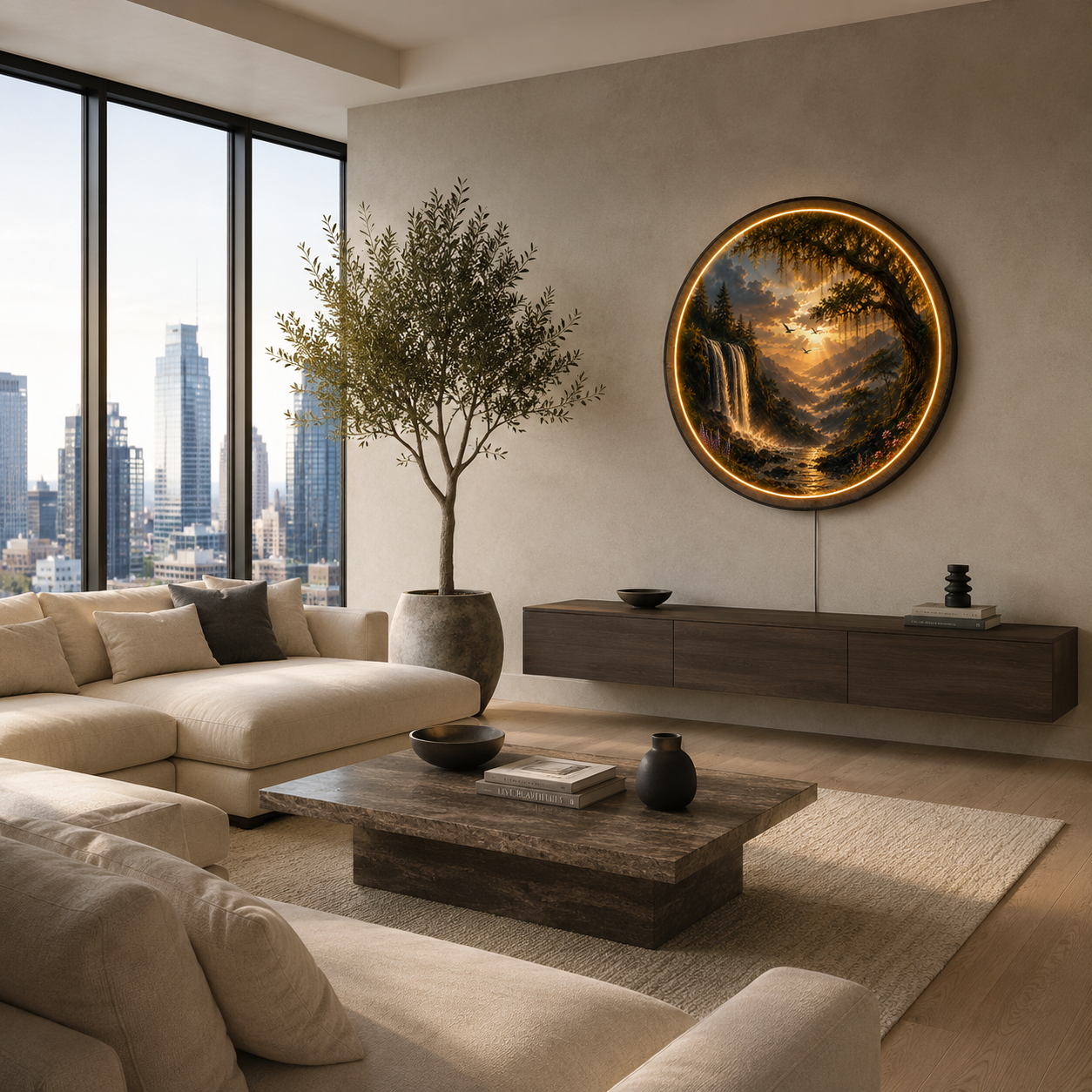 Golden Waterfall Valley LED Wall Art – Illuminated Nature Acrylic Decor