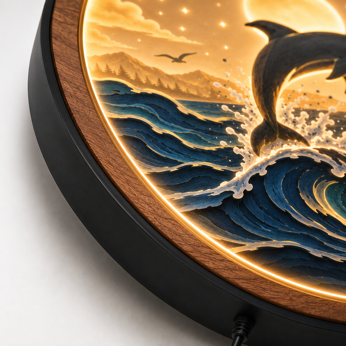 Wood Carved Dolphin Ocean Wave LED Wall Lamp | Handmade Night Light Wall Art