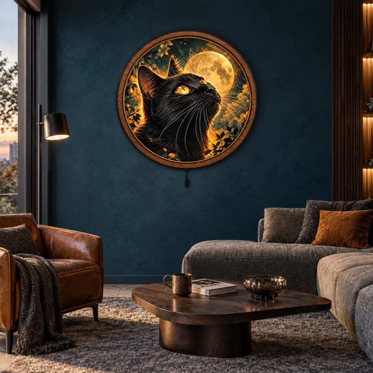 Midnight Guardian LED Wall Art – Black Cat & Golden Moon Decor