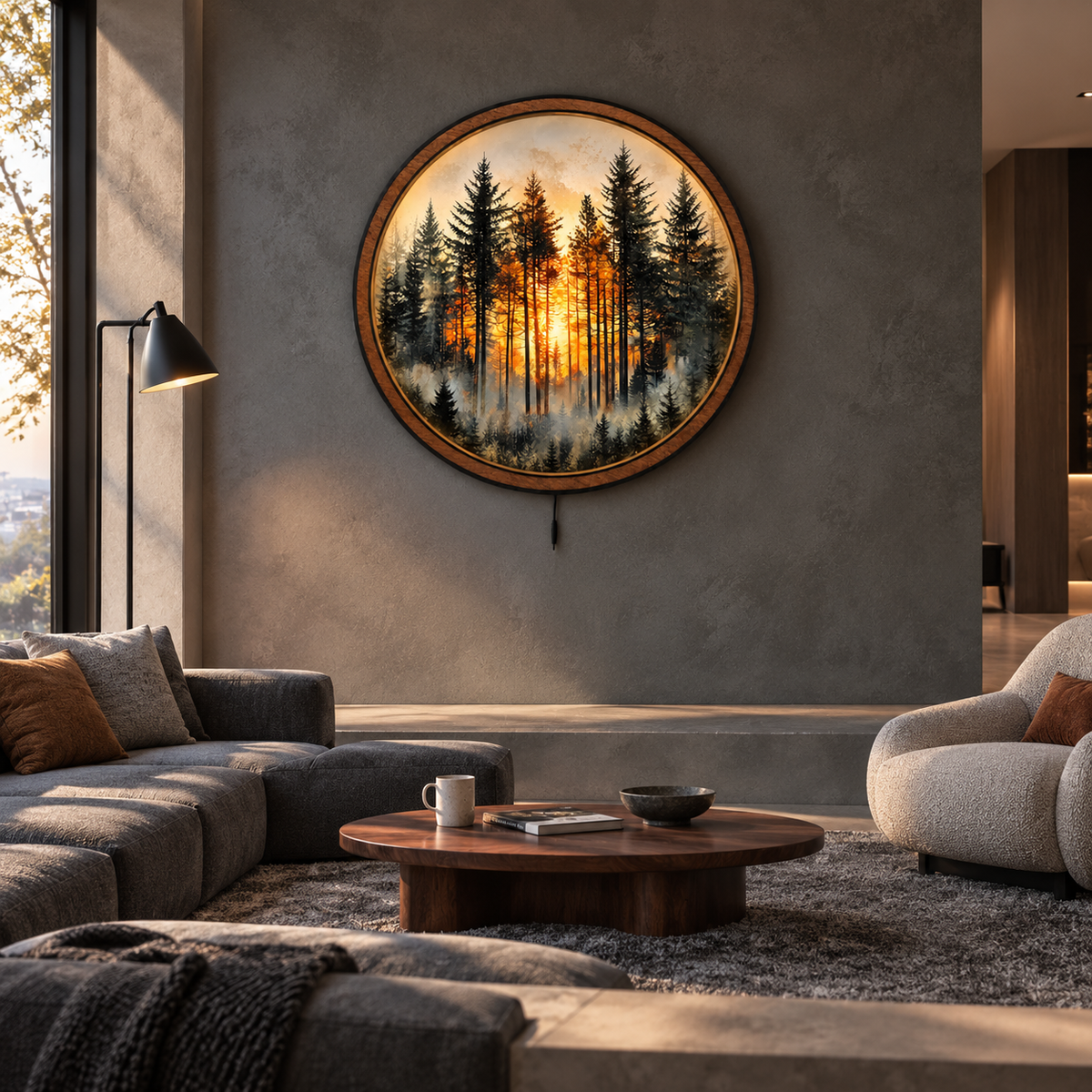 Forest Sunrise LED Wall Art – Golden Pine Woodland Decor