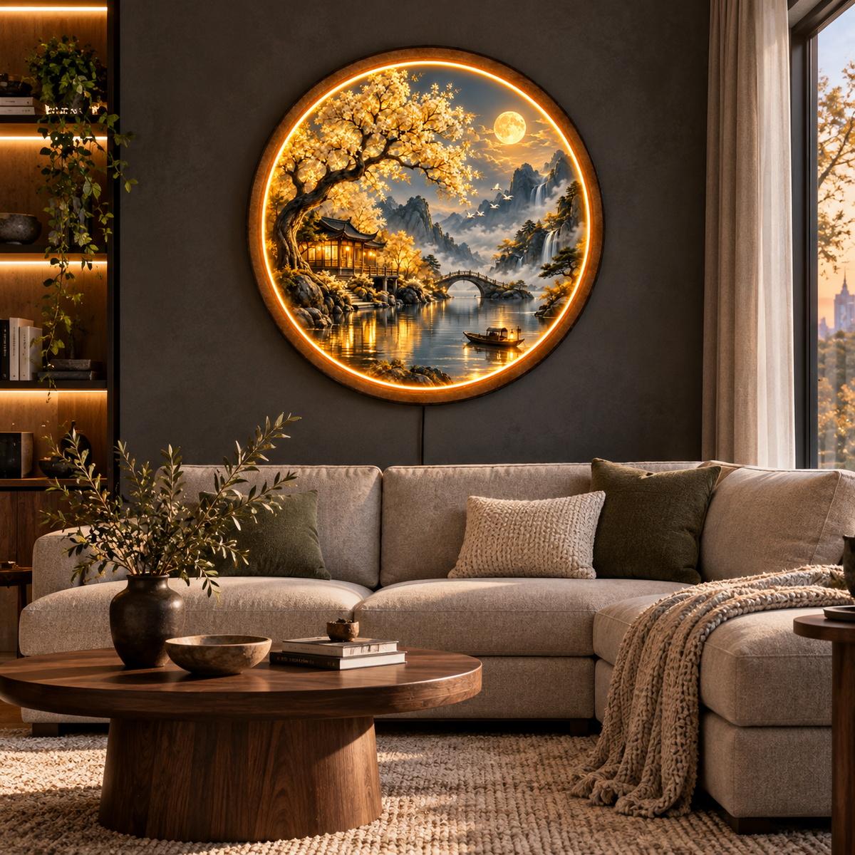 Golden Moon Garden LED Wall Art – Serene Asian Landscape Decor