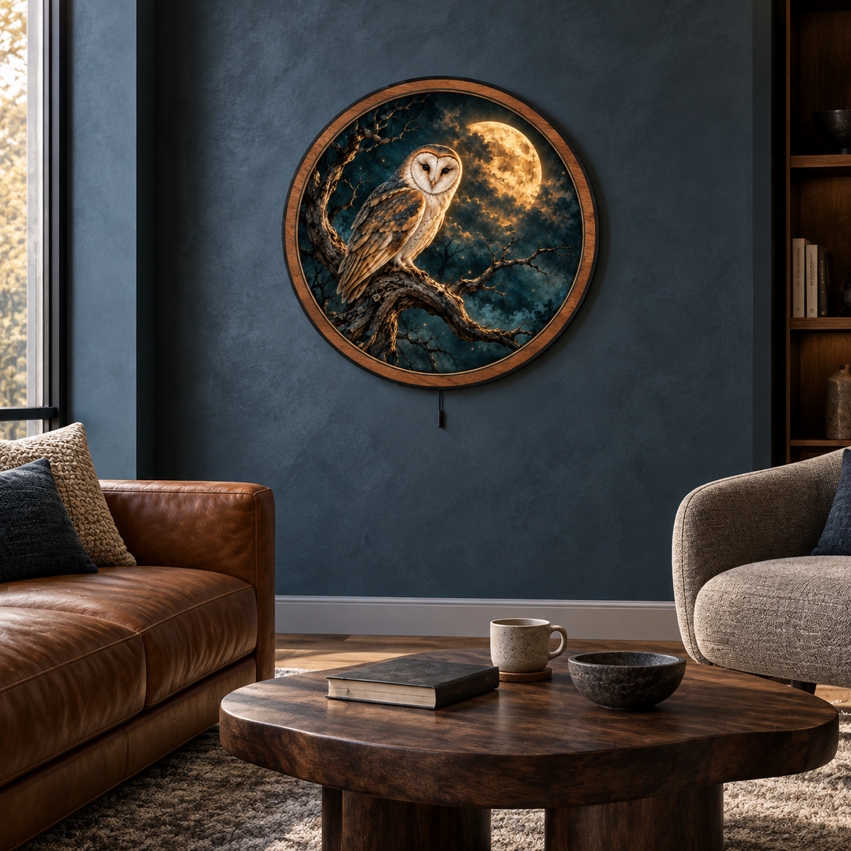 Moonlit Sentinel Owl – Golden Moon LED Wall Art
