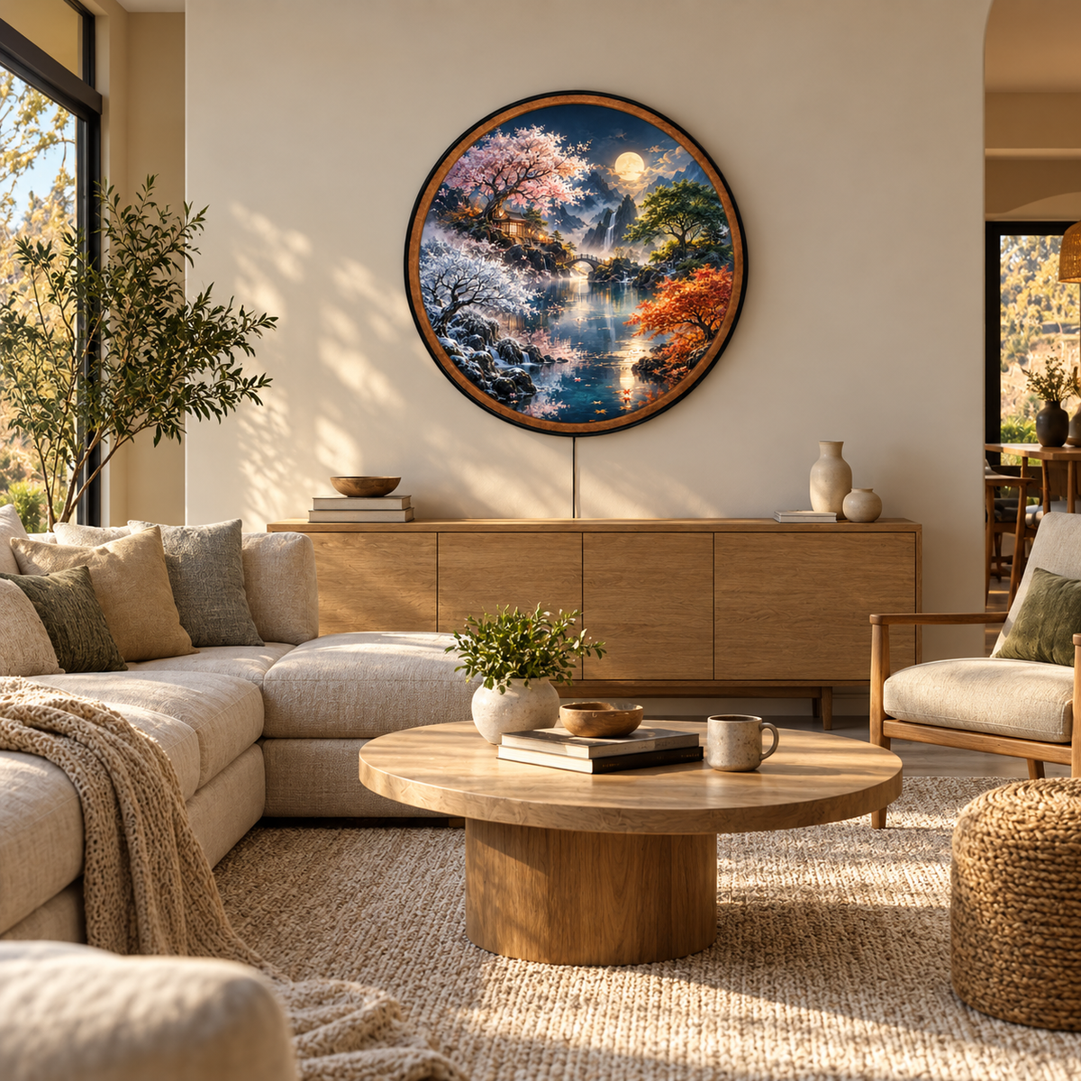 Four Seasons Moonlit Garden – Handcrafted Round LED Wall Art