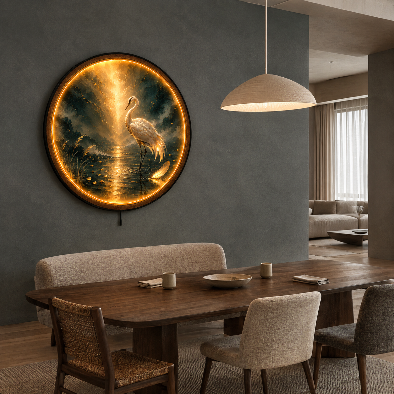 Golden Stillness Pearl Crane LED Wall Art – Luxury Round Decor