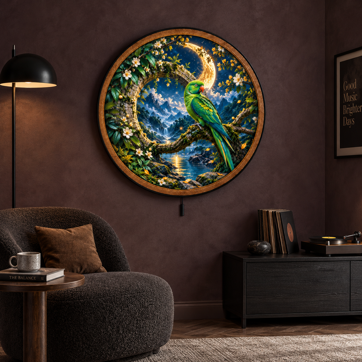 Emerald Moon Parrot LED Wall Art – Tropical Bird & Moon Decor