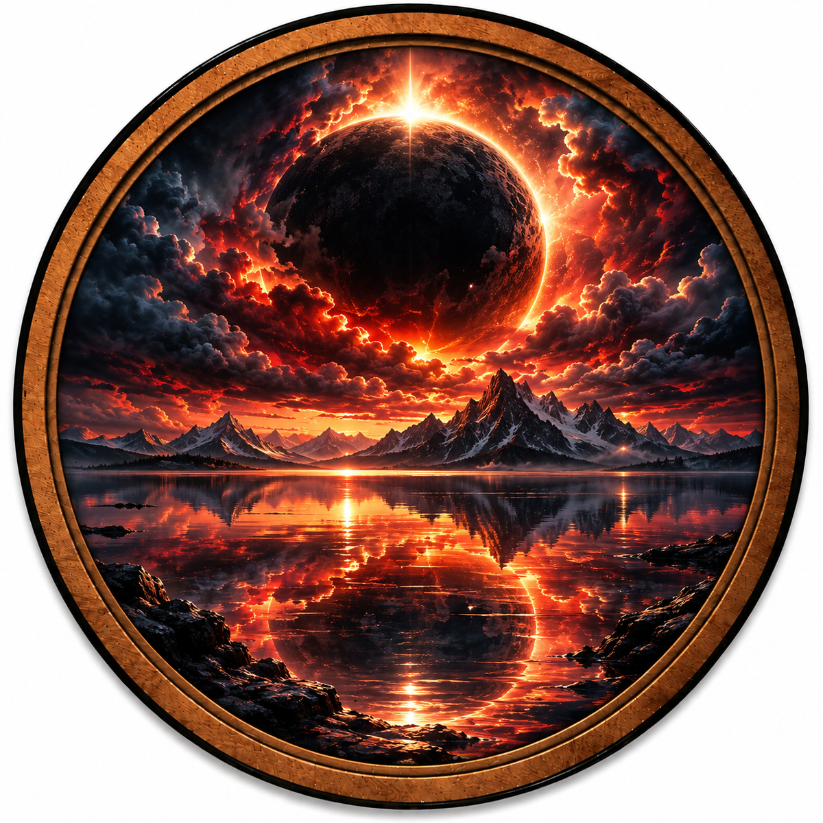 Handcrafted Solar Eclipse Mountain Lake LED Wall Art