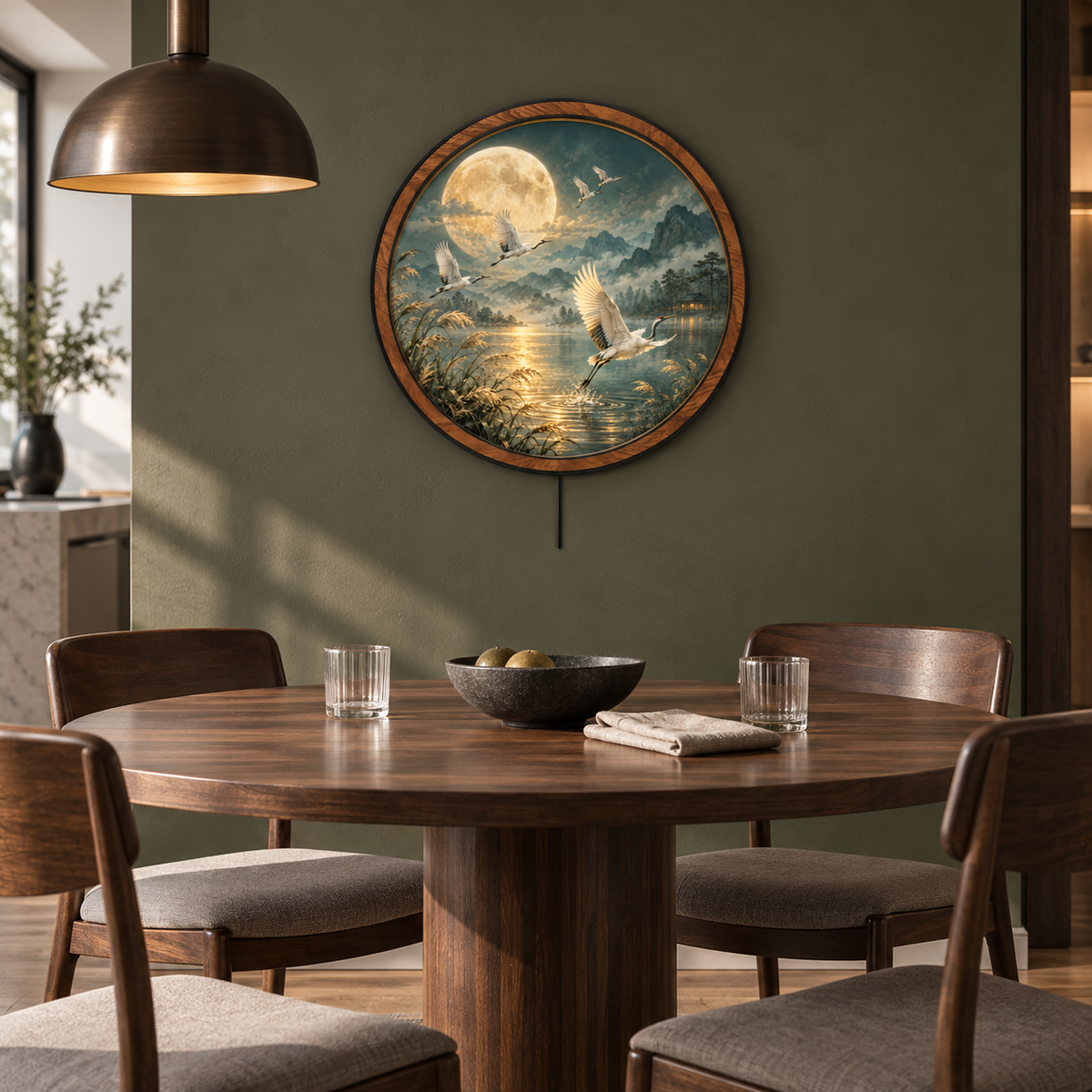 Moonlit Cranes – Golden Serenity LED Wall Art