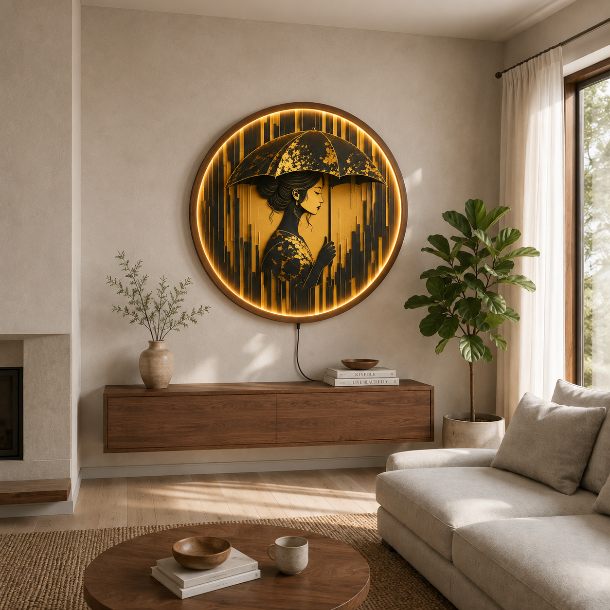 Golden Serenity LED Wall Art | Elegant Woman Under Umbrella Round Lighted Wall Decor | Warm LED Ambient Light