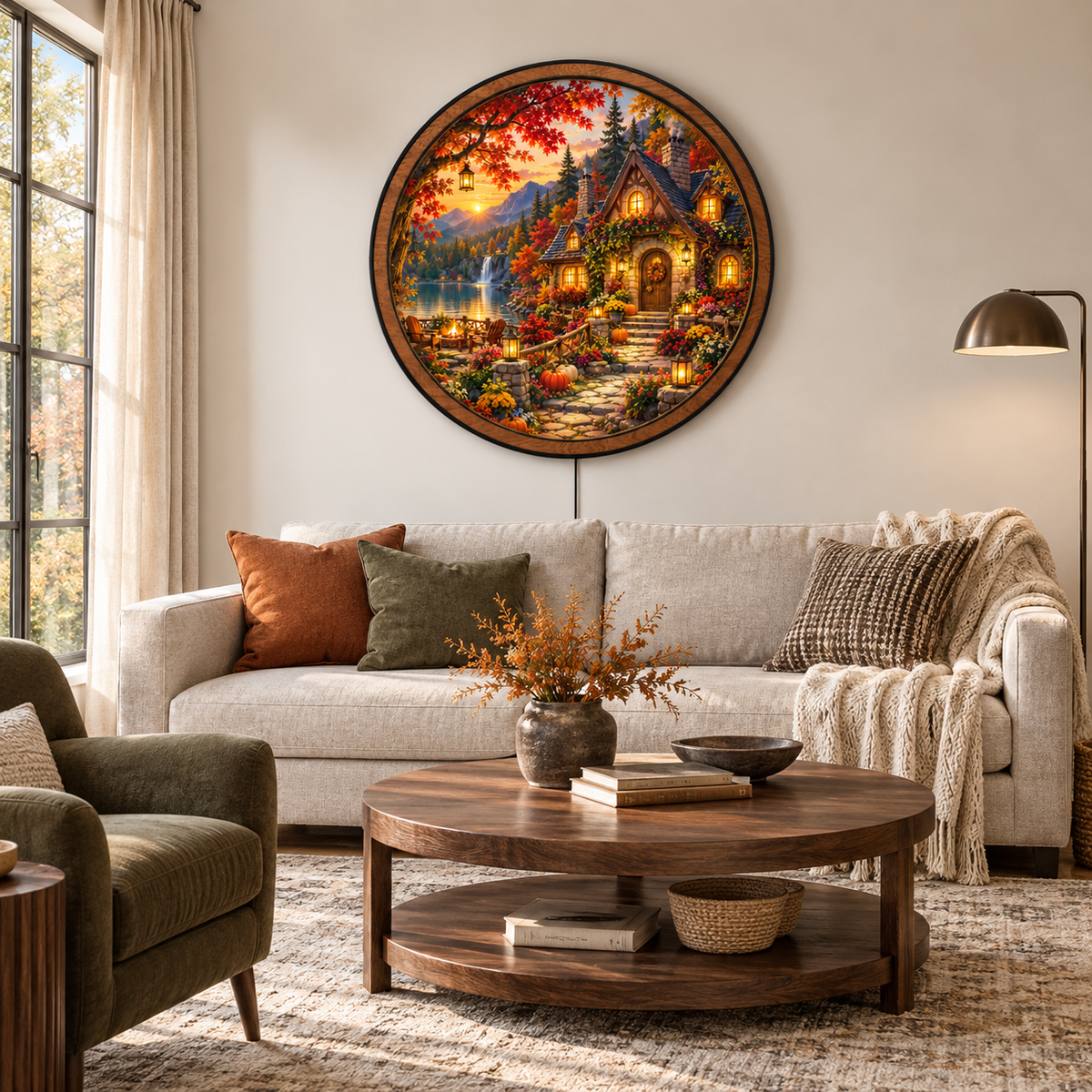 Autumn Lakeside Cottage – Cozy Fall LED Wall Art