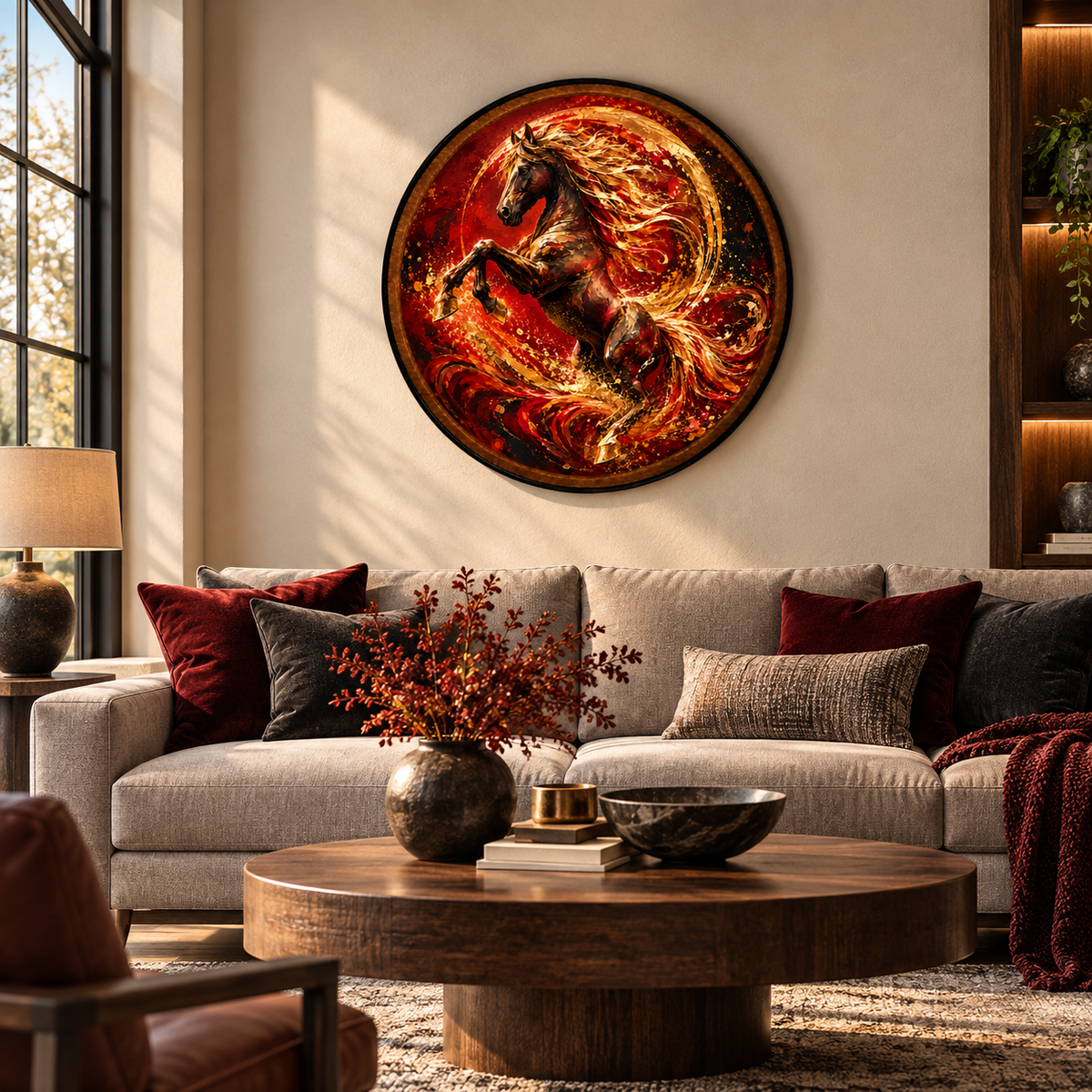 Crimson Stallion – Handcrafted LED Wall Art | Fiery Horse & Gold Abstract Decor