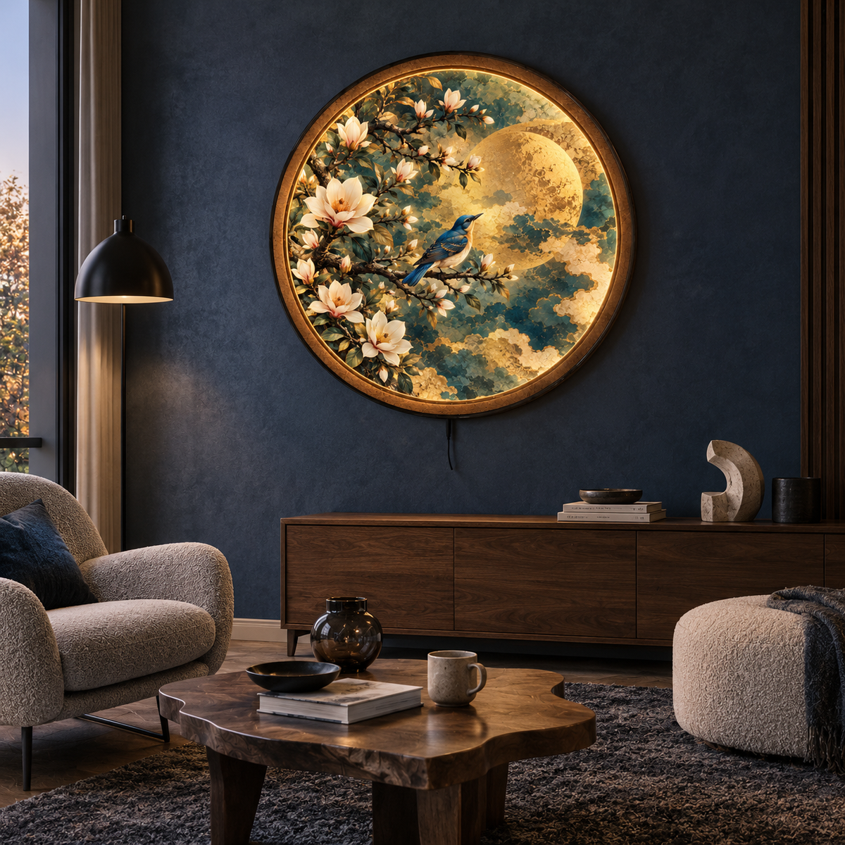 Magnolia Bluebird LED Wall Art – Golden Moon Floral Decor
