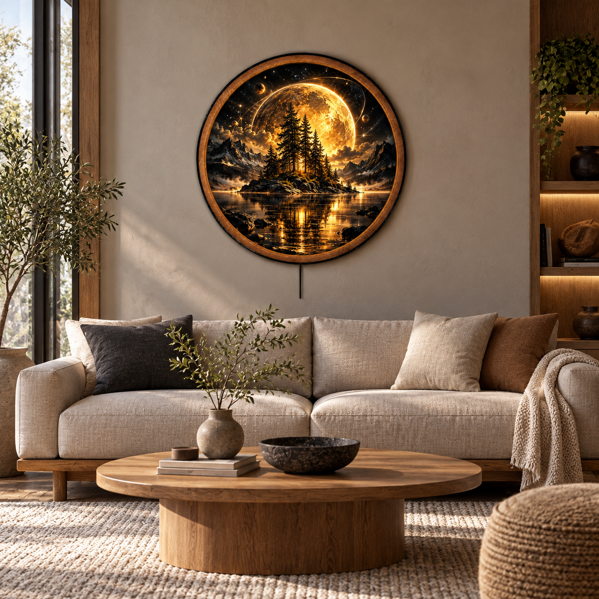 Handcrafted Golden Moon LED Wall Art – Celestial Forest Island & Cosmic Mountain