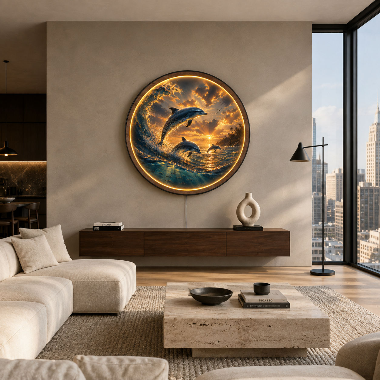 Dolphin Ocean Sunset LED Wall Art – Coastal Acrylic Light Decor
