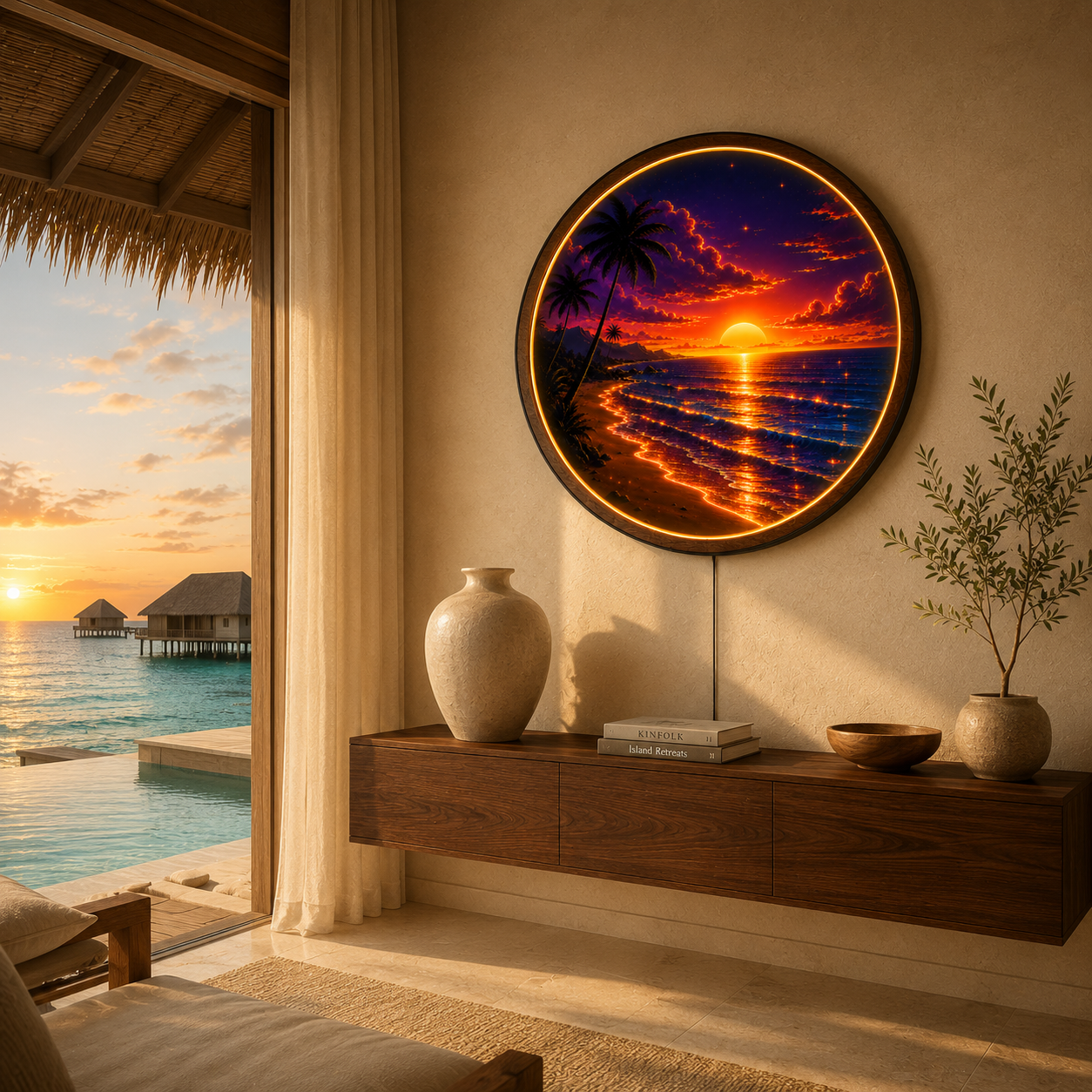 Golden Sunset Round LED Wall Art | Tropical Sunset Acrylic Wall Decor with Wooden Frame