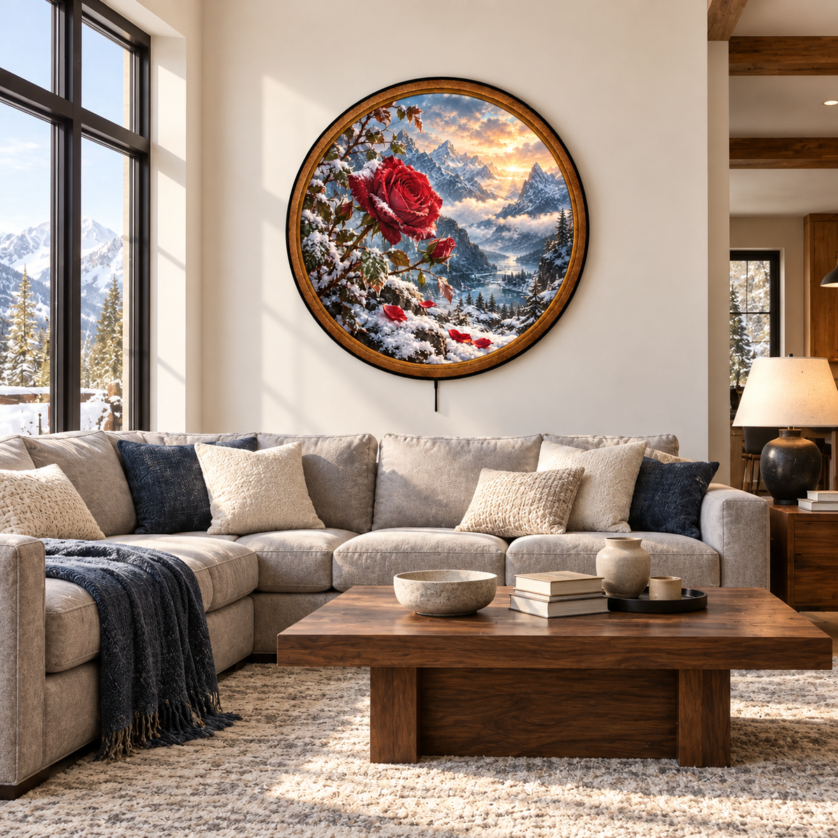 Crimson Rose Winter Mountain Circular LED Wall Art