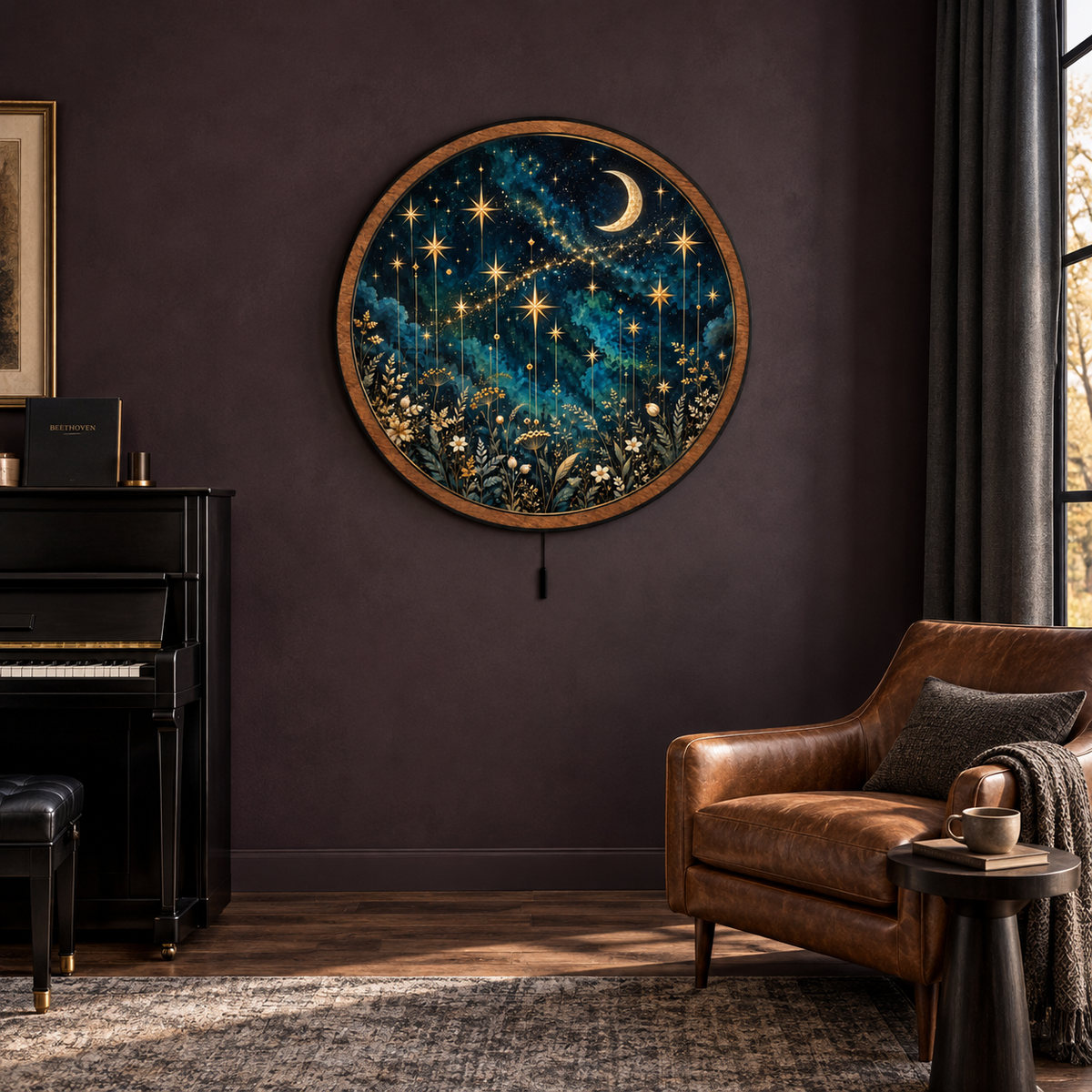 Celestial Wildflower – Golden Moon & Stars LED Wall Art