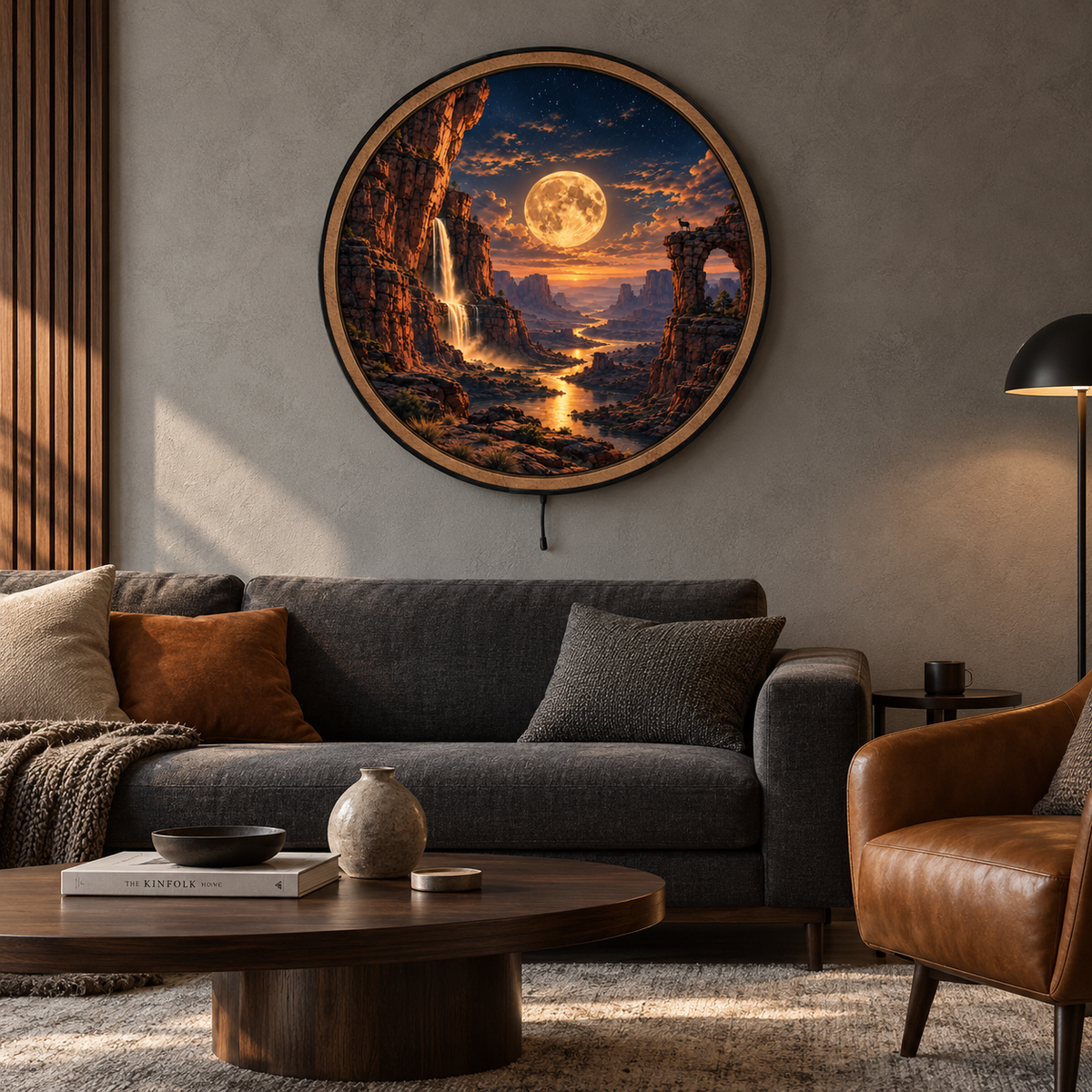 Golden Moon Canyon LED Wall Art – Waterfall & Desert Landscape