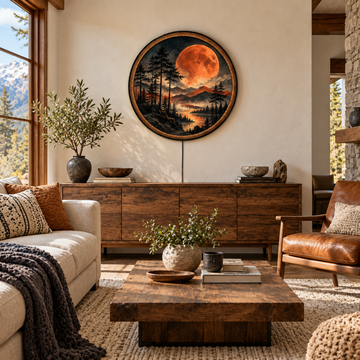 Handcrafted Blood Moon LED Wall Art – Red Moon Mountain Landscape, Dark Forest Celestial