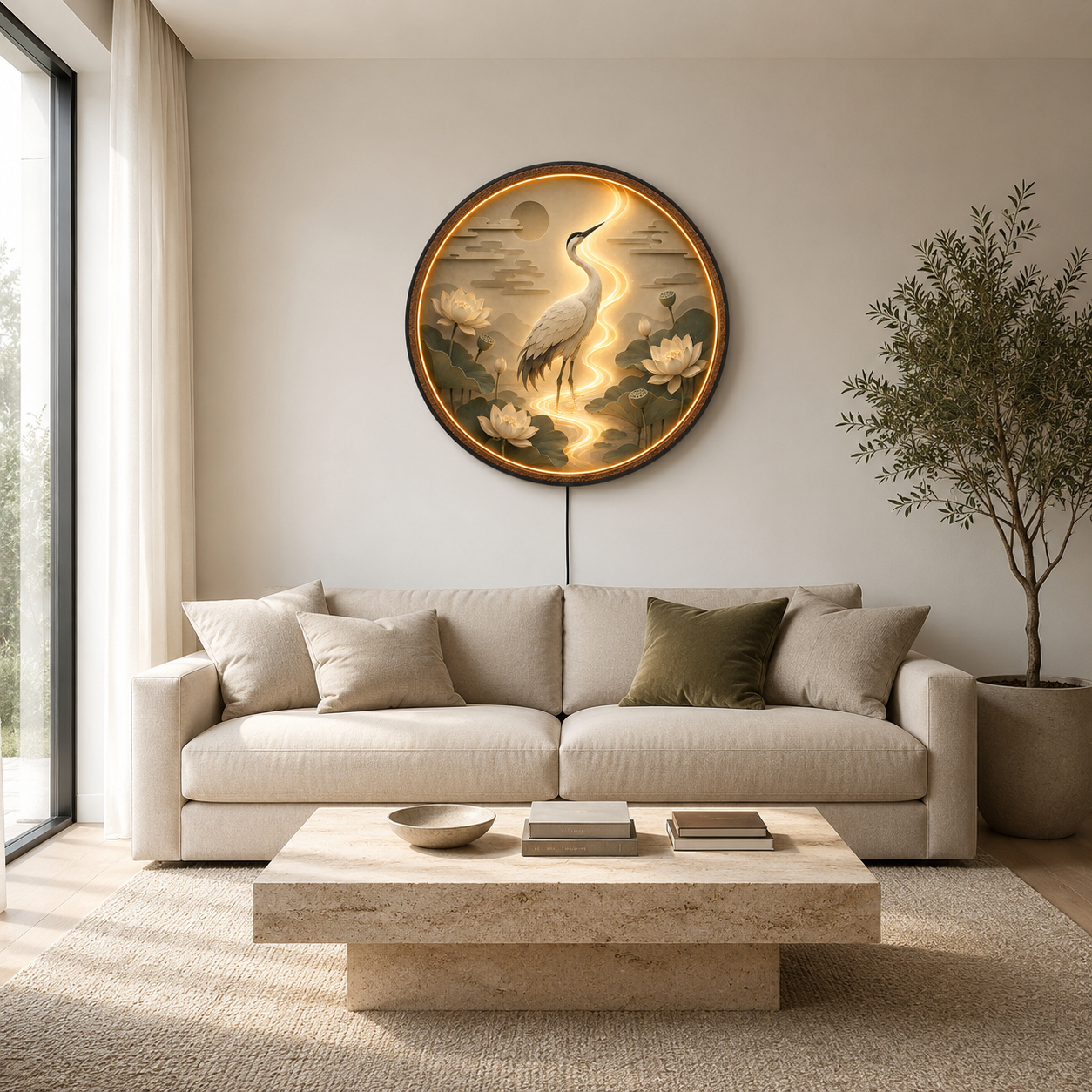 Lotus Serenity Crane LED Wall Art – Round Zen Wooden Light Decor