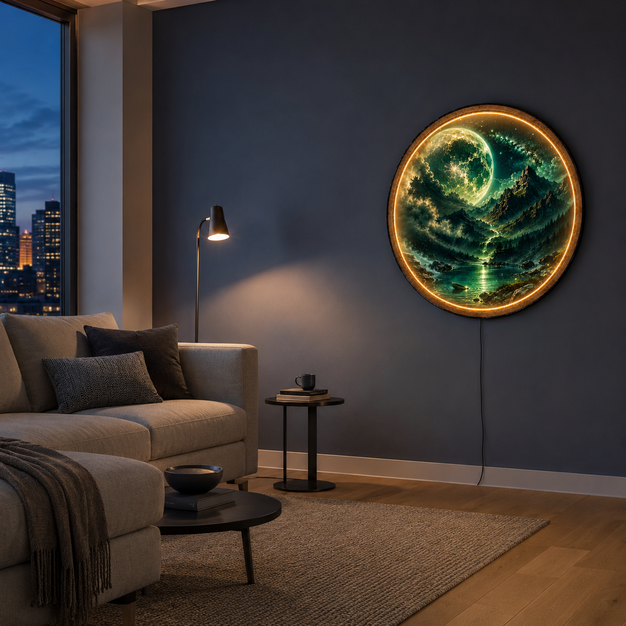 Emerald Moonfall LED Wall Art – Celestial Mountain & Moon Decor