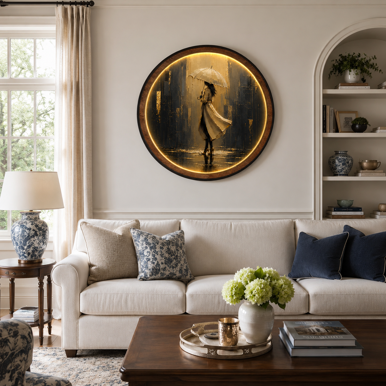 Golden Rain Elegance LED Wall Art | Round Illuminated Woman with Umbrella Wall Decor | Warm Ambient Light