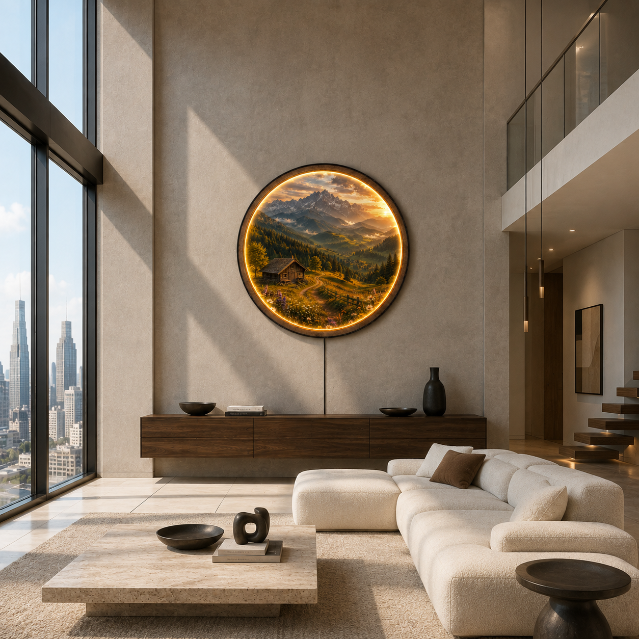 Mountain Cabin Landscape with Warm LED Light